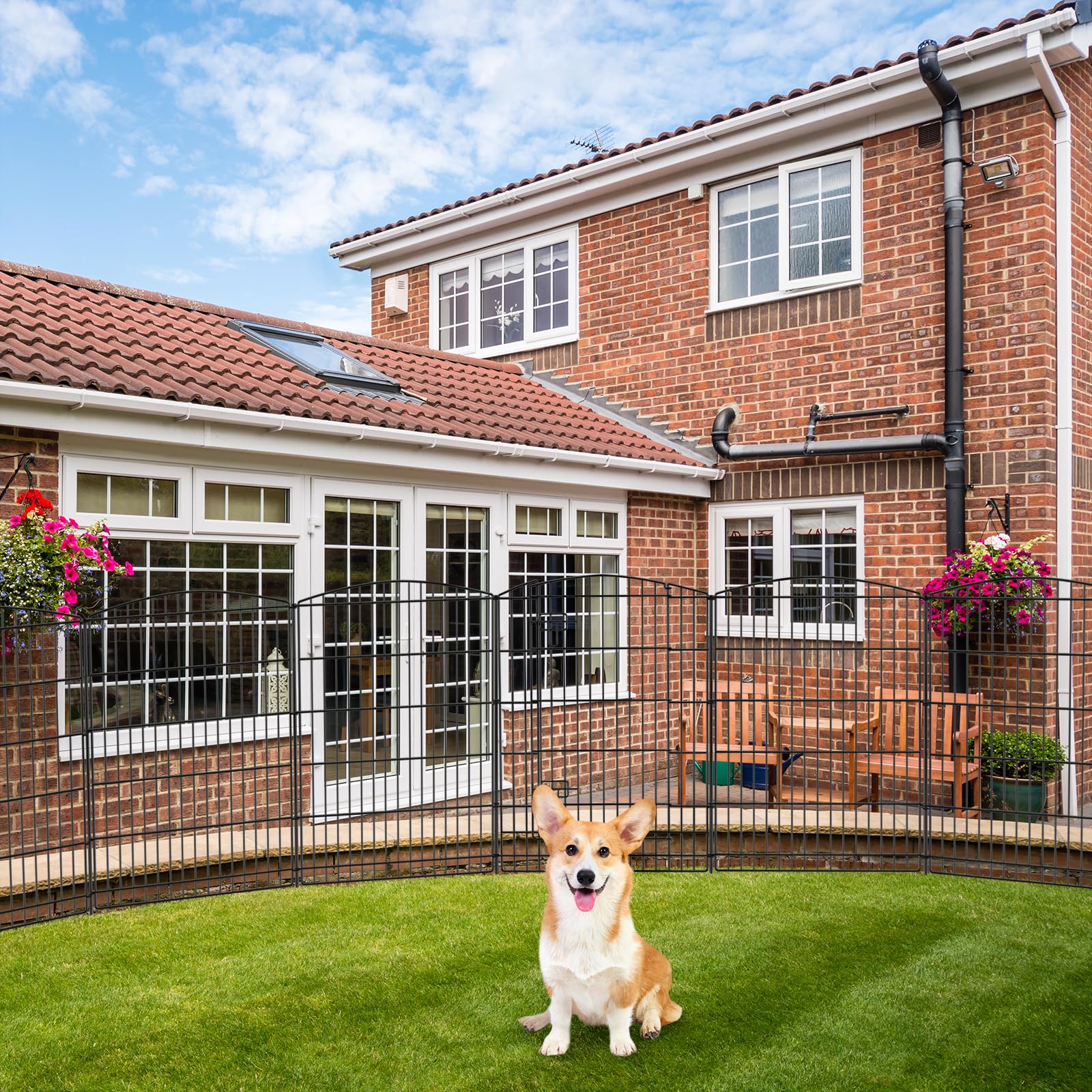 INJOPEXI 12 Panels 26ft x 36in Decorative Garden Fence with Gate - Rustproof Metal Wire No Dig Animal Barrier for Rabbits & Dogs - Perfect for Patio, Outdoor Yard & Garden Protection