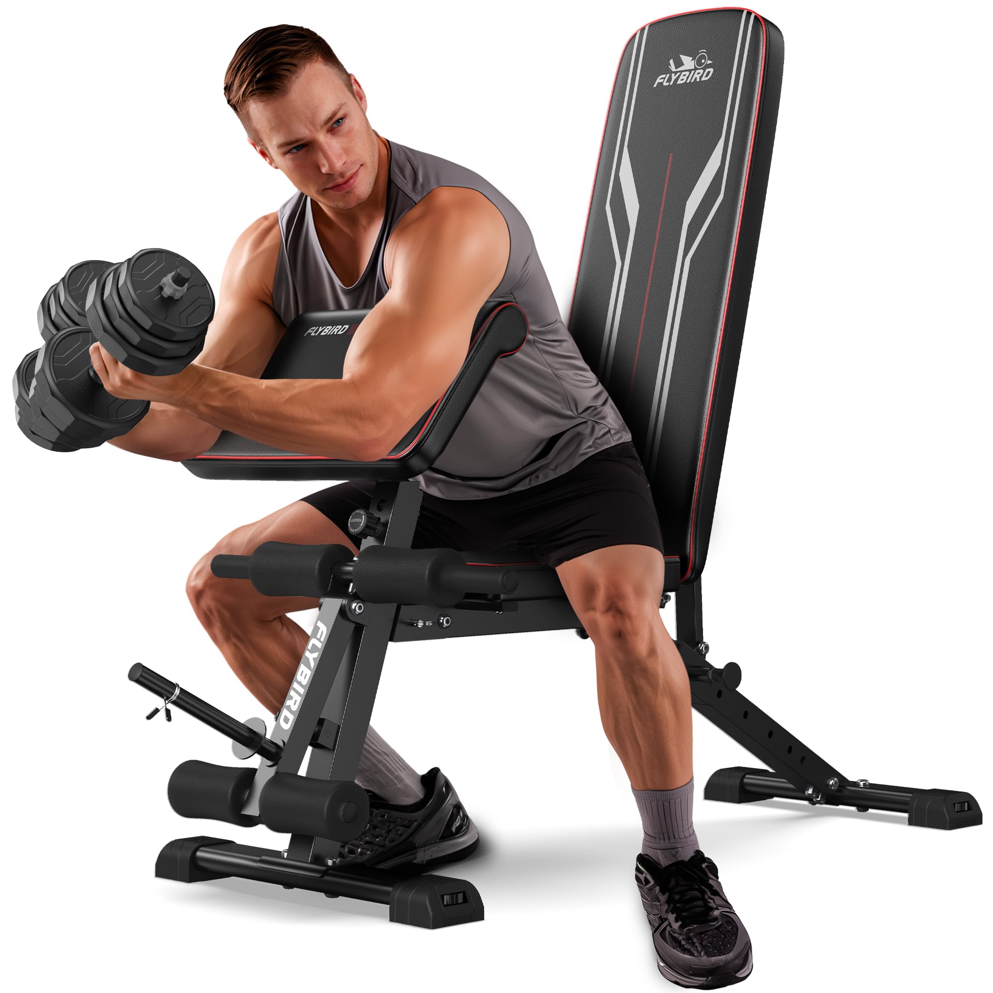 FLYBIRD Adjustable Weight Bench with Leg Extension & Preacher Curl - Foldable Home Gym Equipment for Full Body Workout (800LBS Capacity) - Perfect for Strength Training, Muscle Building & Home Fitness Routines