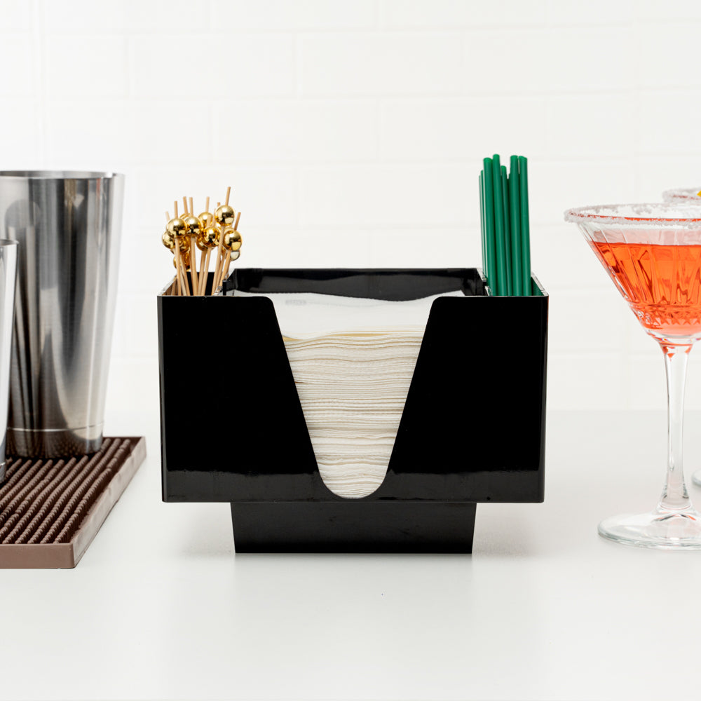 Bar Lux Black Plastic Condiment Caddy & Napkin Holder - 3 Compartments Organizer (8