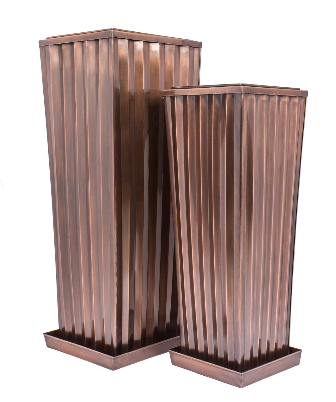 H Potter Antique Copper Flower Planter Set of 2 with Drainage Trays - Outdoor Garden & Patio Decor for Plants, Herbs, Succulents - Perfect for Balcony, Deck, Porch, and Backyard Landscaping