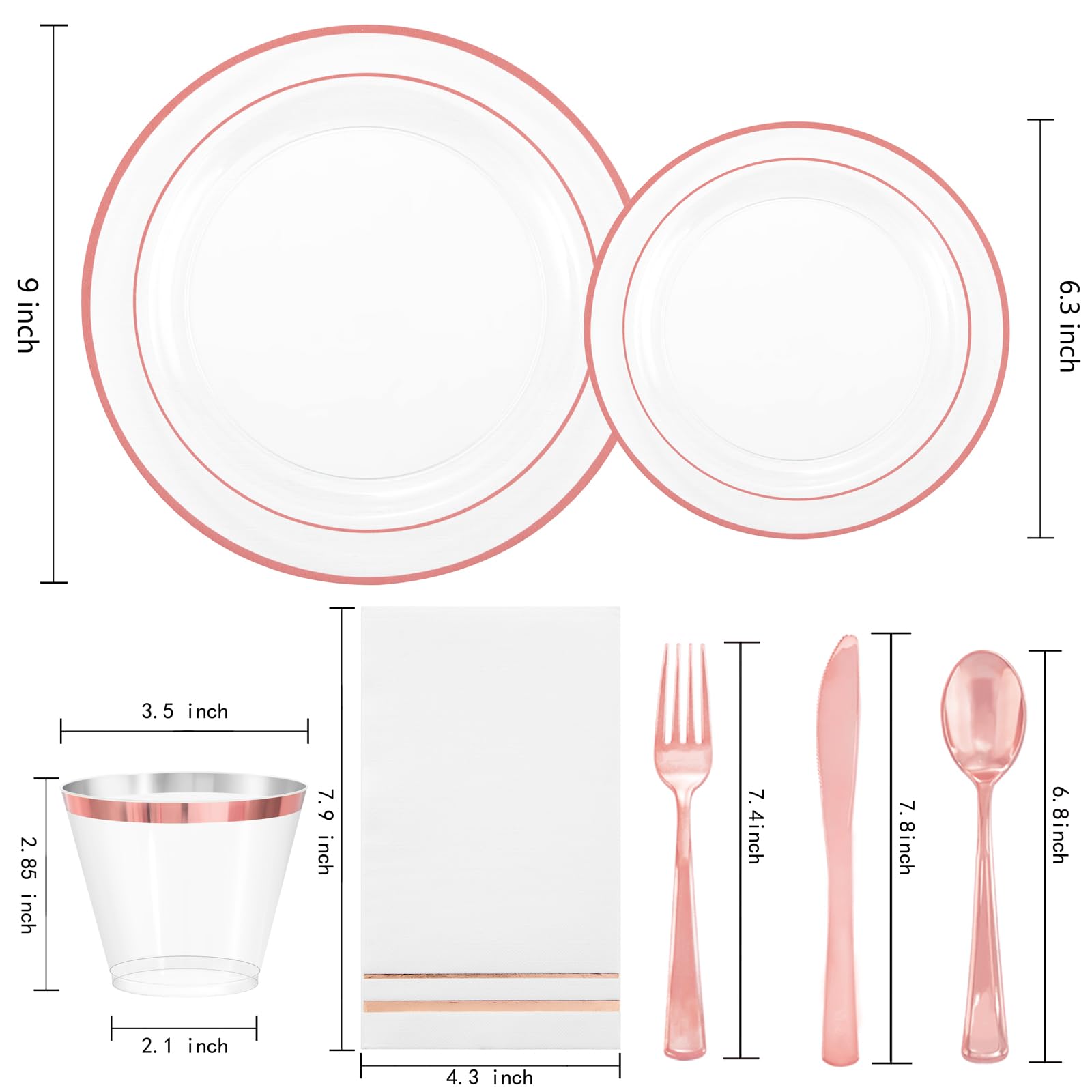 350-Piece Rose Gold Plastic Party Dinnerware Set - 100 Disposable Rose Gold Rimmed Plates, 150 Silverware, 50 Napkins & 50 Cups for Weddings, Easter, Birthday & Bridal Showers - Elegant Disposable Tableware for Special Occasions