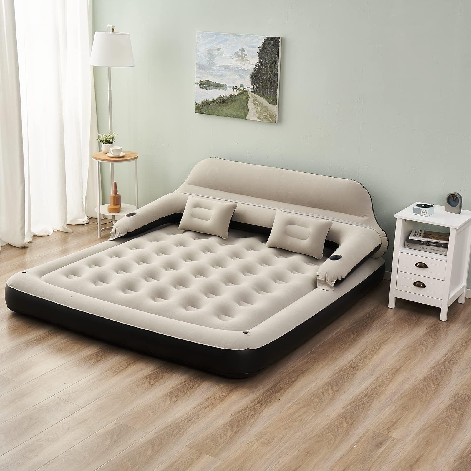 **RAPTAVIS King Size Air Mattress Sofa Bed with Built-in Headboard & Pillow - Inflatable Guest Bed for Home, Camping, Travel - Comfortable Portable Blow Up Mattress for Indoor & Outdoor Use**
