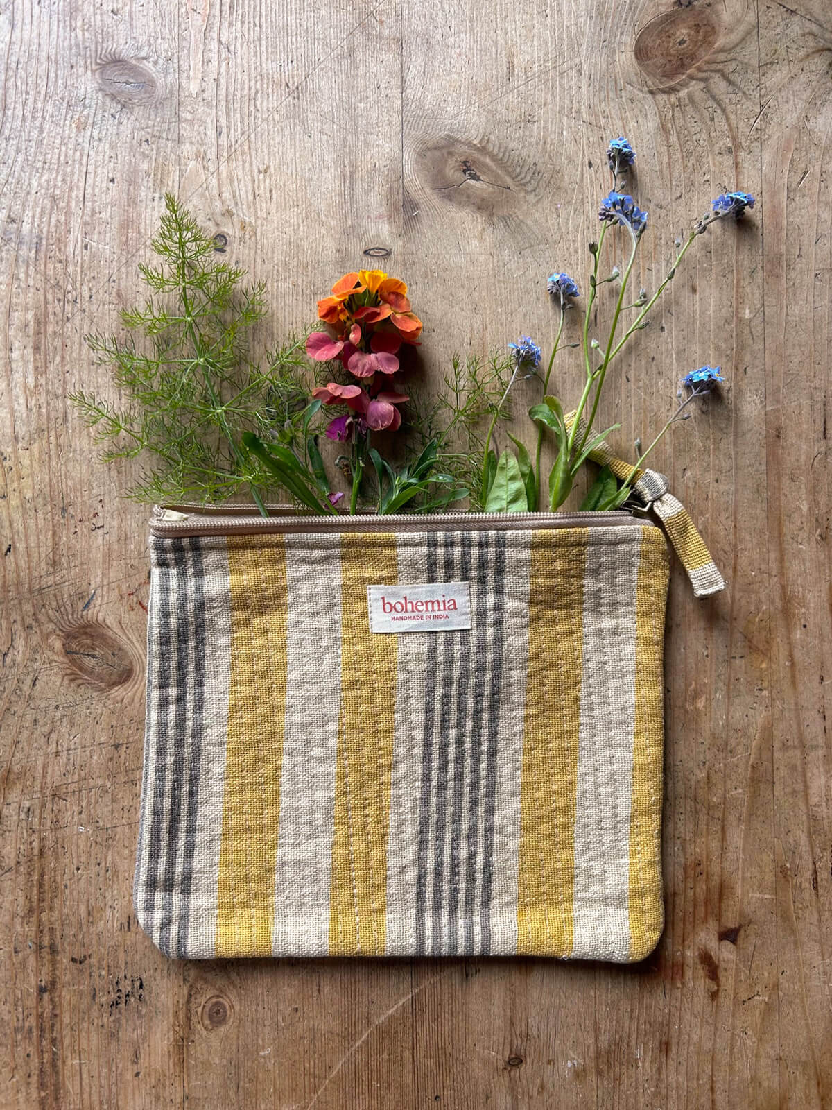 Jaipur Stripe Large Pouch - Handmade Indian Yellow Cotton Clutch Bag for Women | Perfect for Travel, Beach, and Festival Accessories