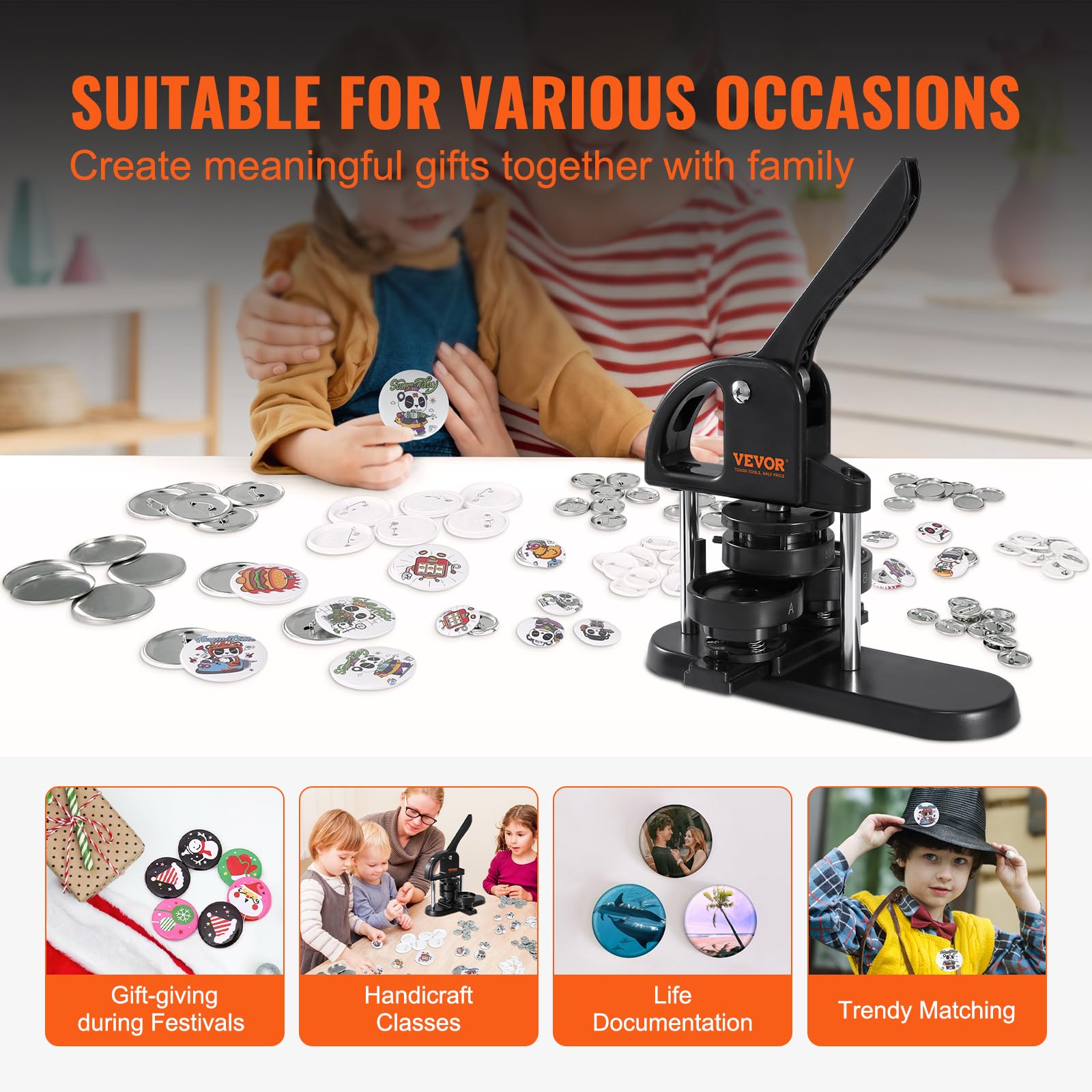 VEVOR 3-in-1 Button Maker Machine Kit with 300pcs Button Parts (1/1.25/2.28 inch) - Ergonomic Arc Handle Punch Press & Panda Magic Book - Perfect for DIY Crafts, School Projects, and Children's Birthday Gifts