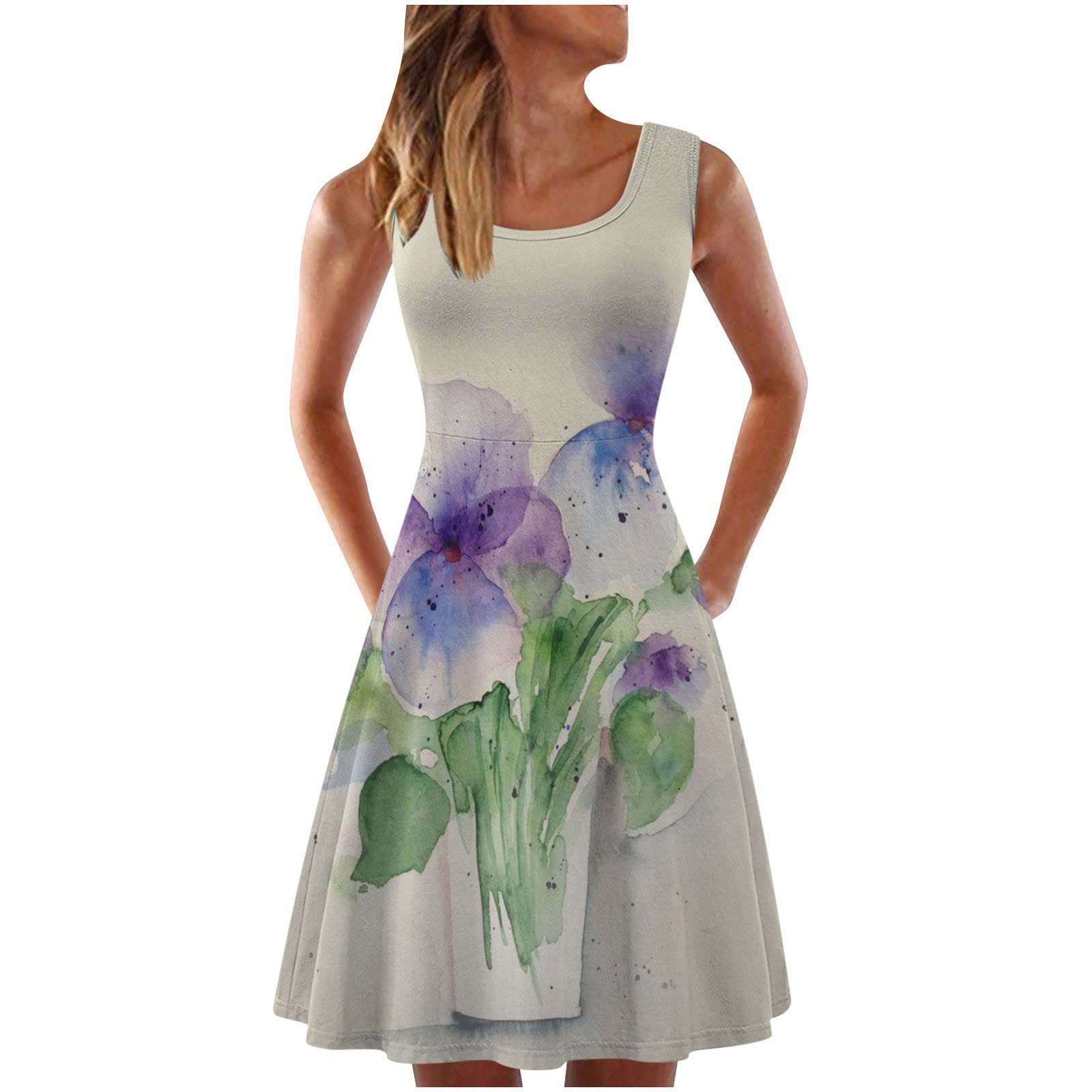 Women's Summer Loose Tank Dress - Casual Sleeveless Sundress with Floral Print, U Neck Swing Dress for Beach Vacation & Outdoor Activities | Perfect for Pool Parties, Tropical Getaways and Summer Fashion