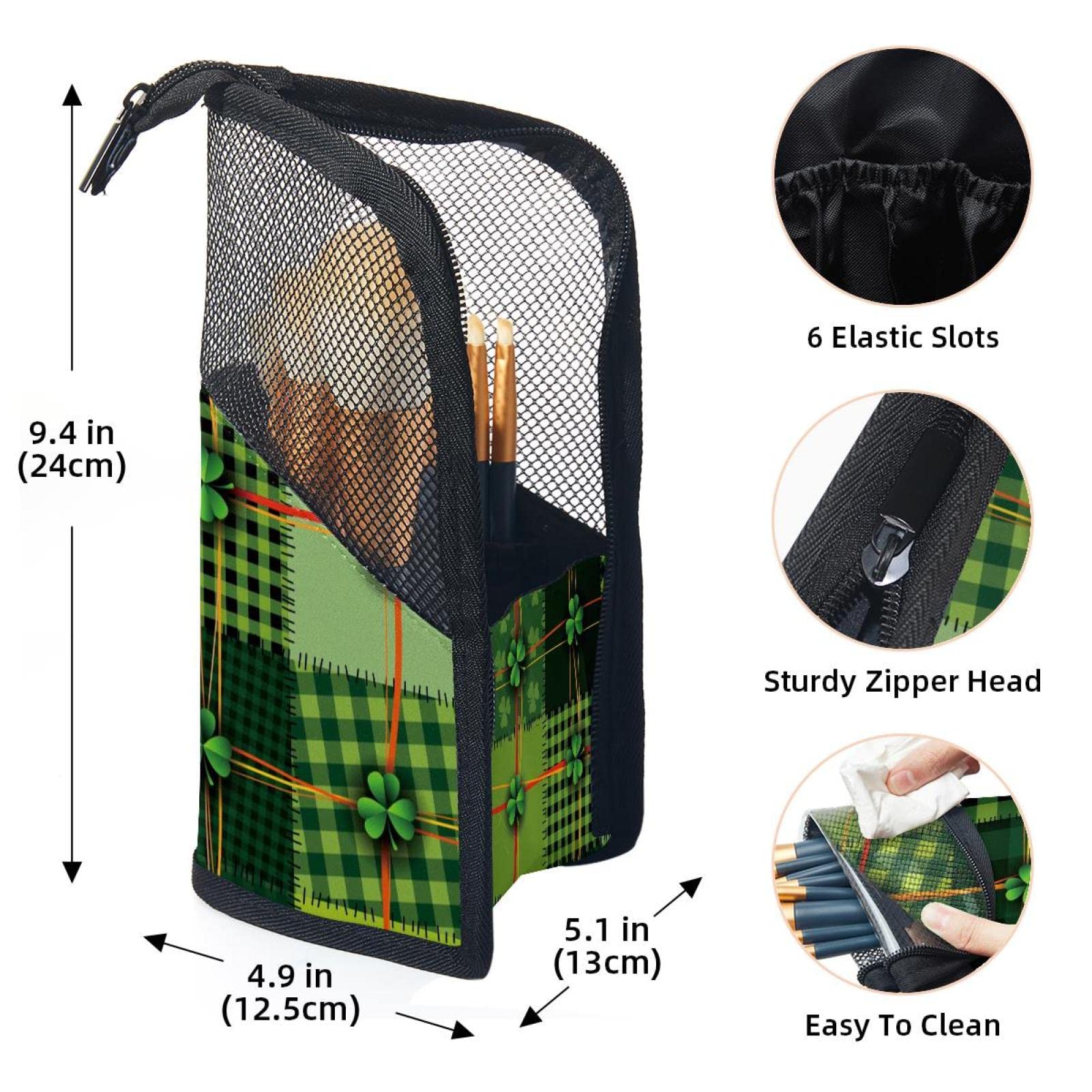 Portable Makeup Brush Organizer Bag with 12 Slots - Green Plaid Luck Clover Design | Perfect for Travel, Home Vanity & Professional Makeup Artists