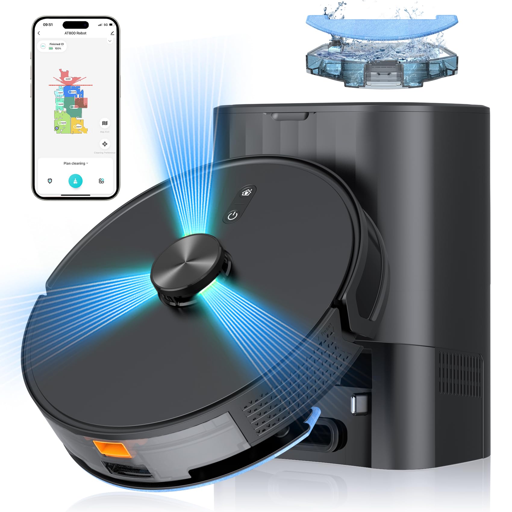 3-in-1 Robot Vacuum and Mop Combo with Self-Emptying Station (60 Days Capacity) - 5000Pa Strong Suction, LiDAR Navigation, WiFi/Alexa/App Control - Ideal for Hardwood Floors, Carpets & Pet Hair Cleaning