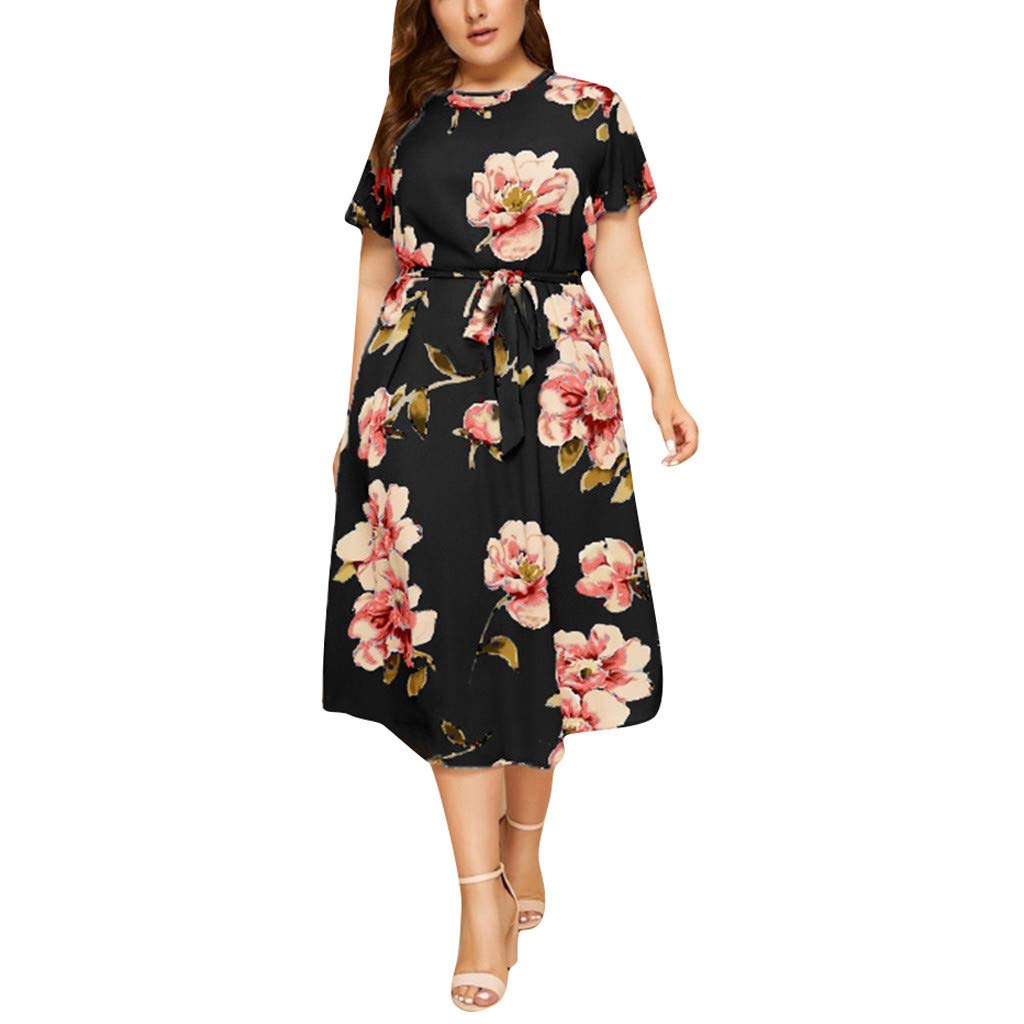 ETHKIA Women's Plus Size Casual Dress - Floral Print O-Neck Short Sleeve with Waist Tie Belt, Perfect for Summer Outfits, Beach Vacations & Date Nights