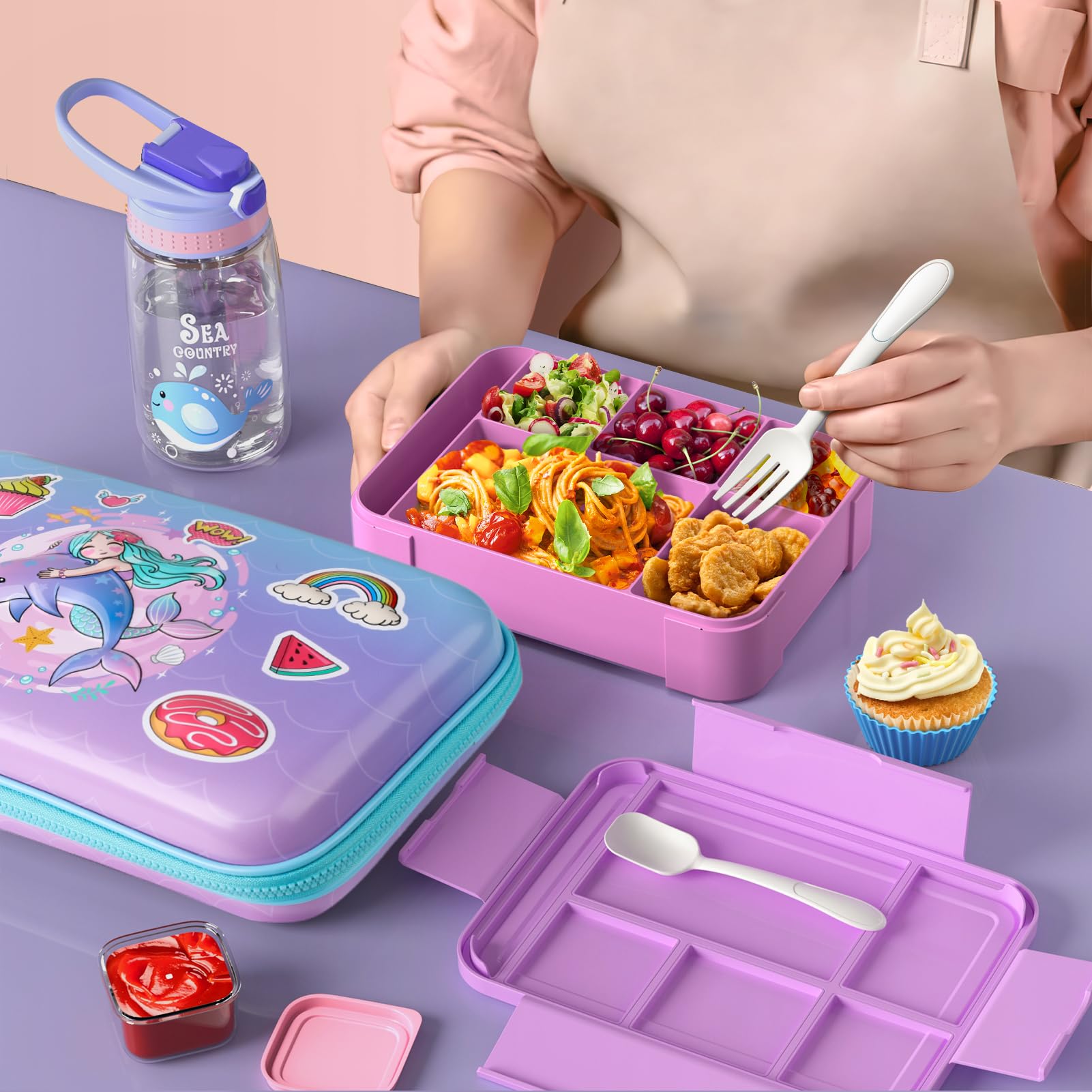 Insulated Lunch Bag Bento Box Set for Girls - 5 Compartment Bento Box with Water Bottle, Ice Pack & Silicone Cap | Perfect for School Lunches, Picnics, Travel & Outdoor Activities