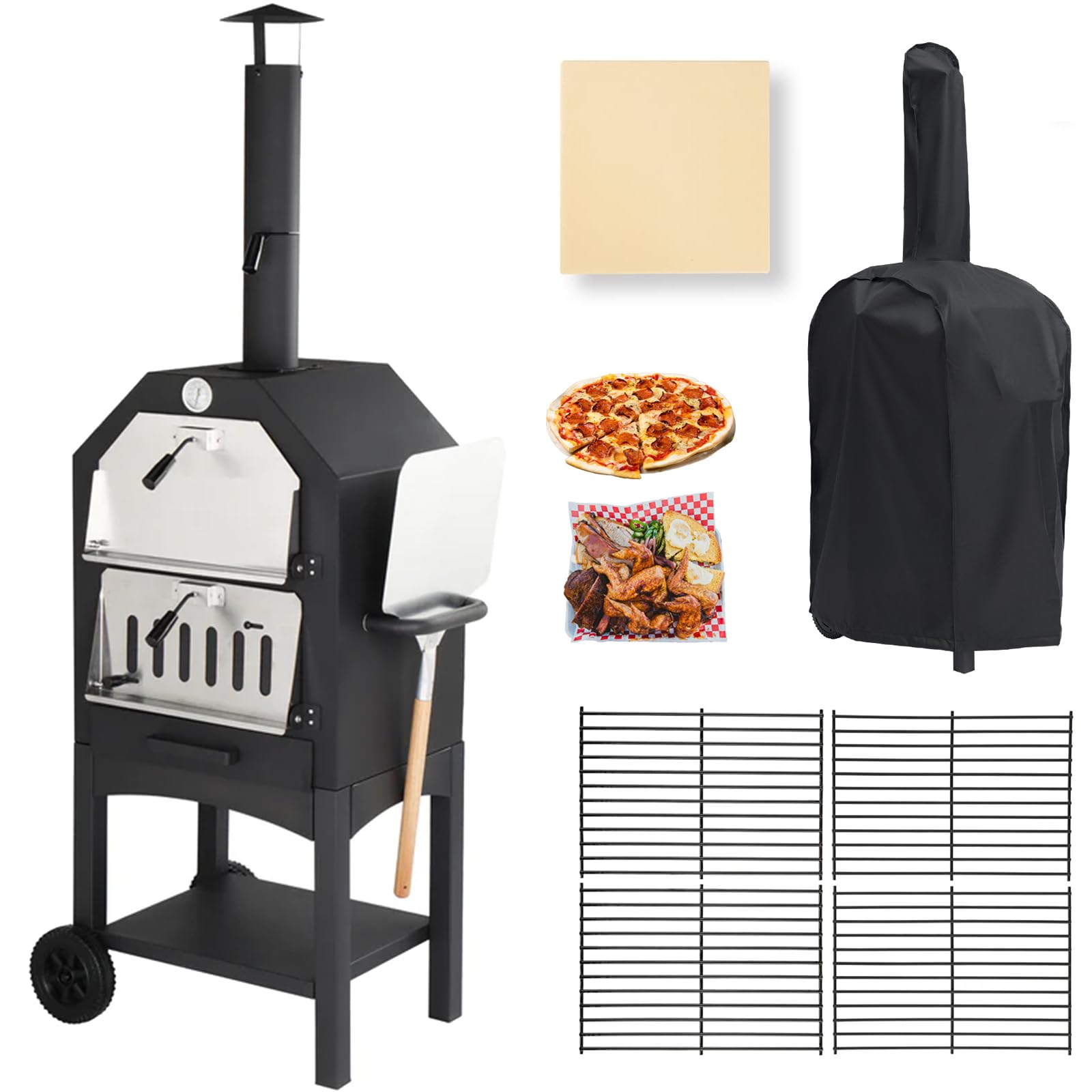 **Portable Wood-Fired Pizza Oven for Outdoor Cooking – Includes Pizza Stone, Peel, Grill Rack & Waterproof Cover – Perfect for Backyard BBQs, Camping Trips & Picnics (Black)**