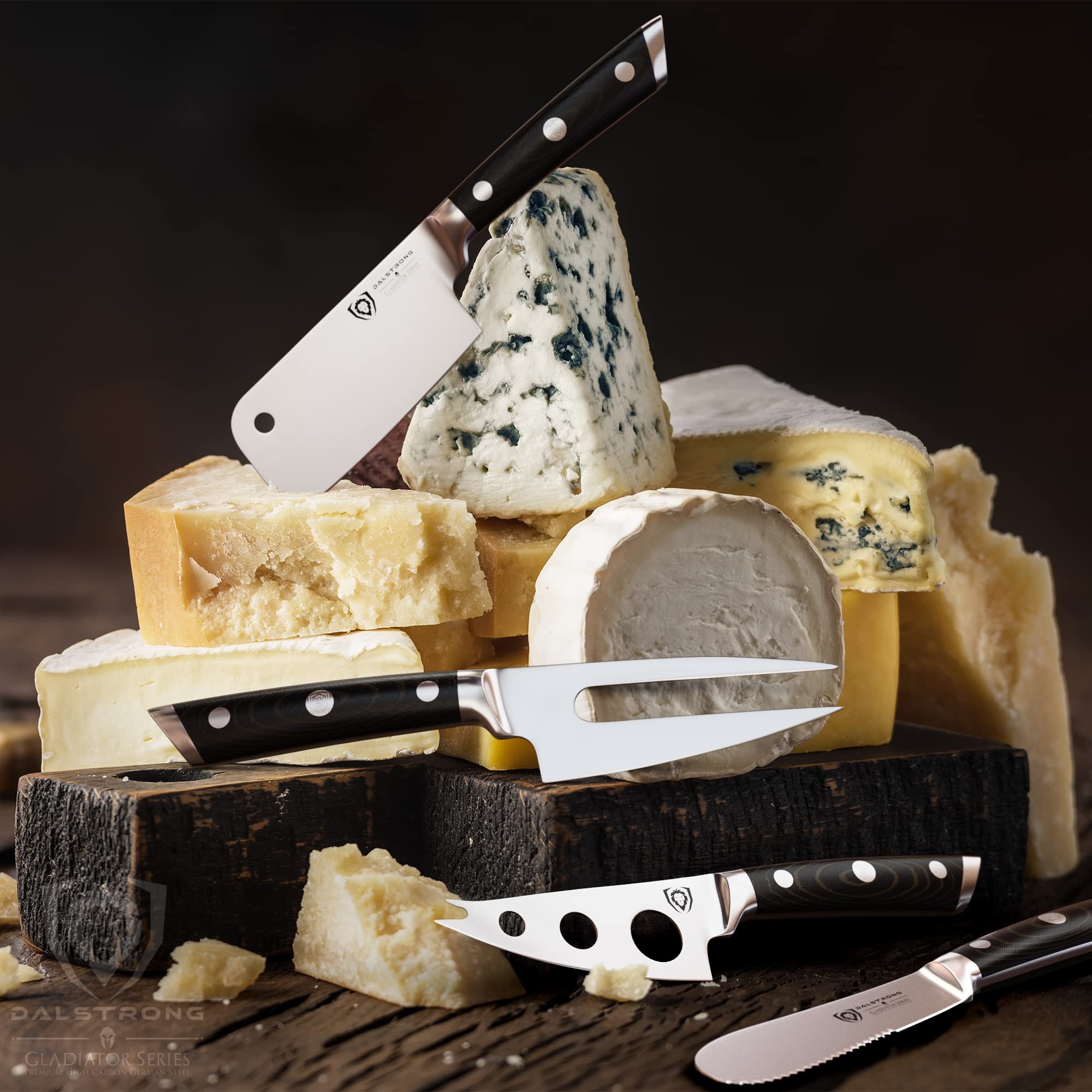 Premium Dalstrong Charcuterie & Cheese Knife Set - 4-Piece Gladiator Series Elite with Mini Cleaver, Serrated, Round-Tip & Forked Knives - G10 Handle for Soft & Hard Cheese - NSF Certified - Perfect for Charcuterie Boards, Cheese Platters & Gourmet Entertaining