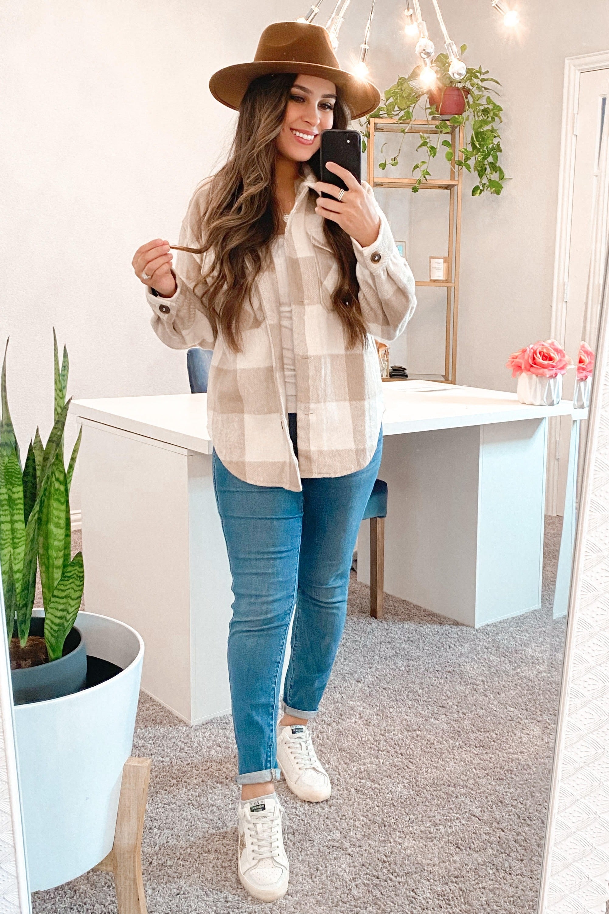 Beige Plaid Knit Shirt Jacket for Women - Cozy Oversized Button Up Cardigan Sweater | Perfect for Fall Layering, Casual Outfits & Outdoor Activities