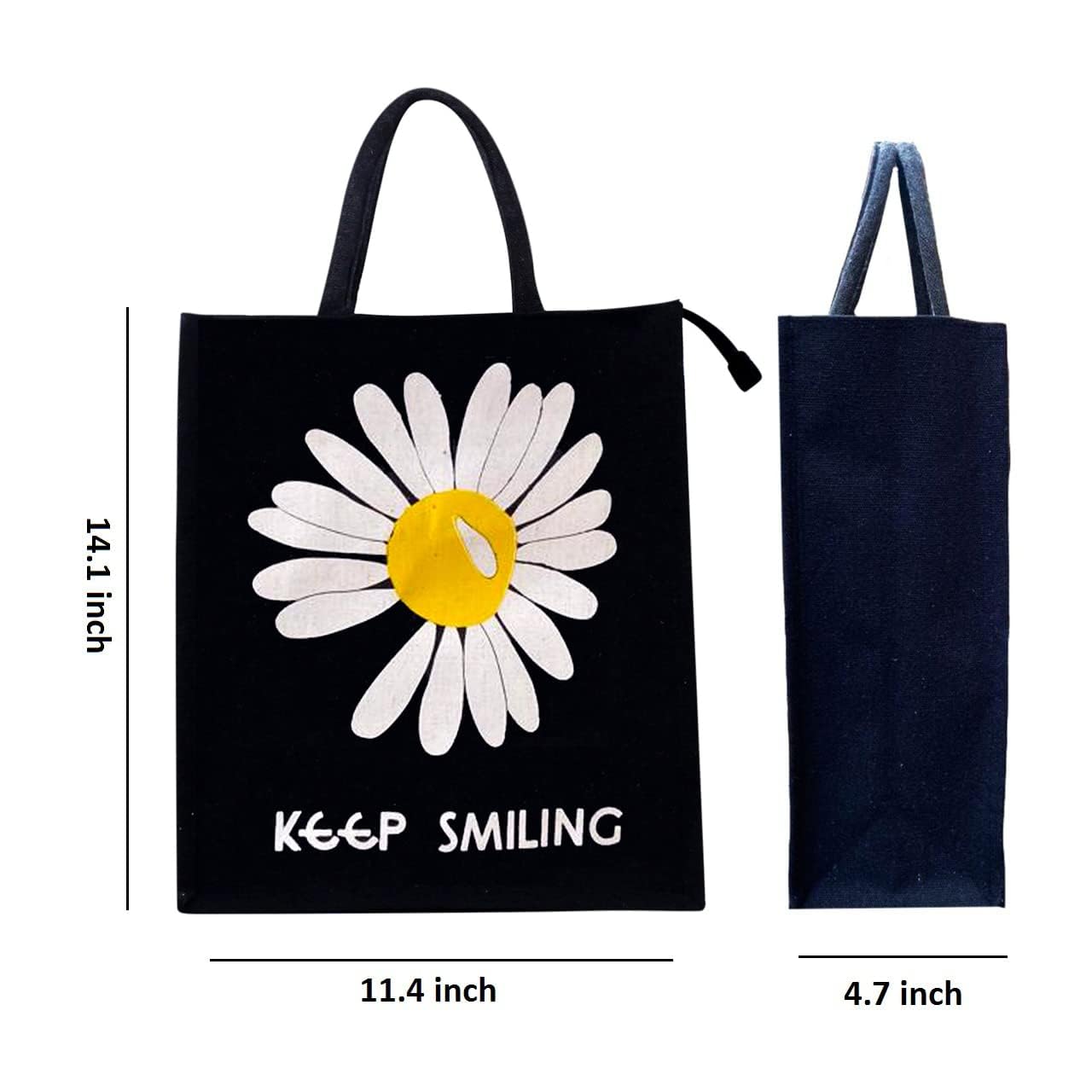 Eco-Friendly Jute Tote Bag with Zipper - Multipurpose Grocery/Shopping/Tiffin Bag for Men & Women - Trendy Flower Print Handbag (Black) | Perfect for Farmers Markets, Beach Trips & Sustainable Lifestyle