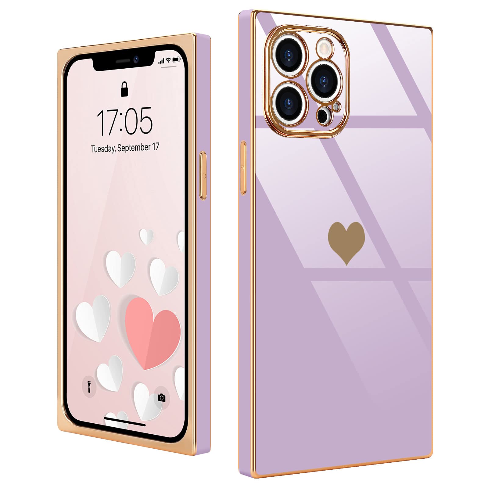 Luxury Gold Heart iPhone 12 Pro Max Case - Cute Rectangle Plating Phone Cover for Women & Girls | Shockproof Protection with Raised Camera Cover | Perfect for Everyday Use, Gifts & Special Occasions (Purple)