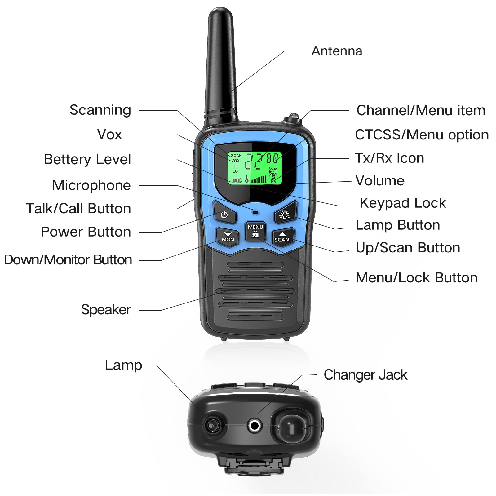 MOICO Long Range Walkie Talkies for Adults - 22 FRS Channels, LED Flashlight, VOX Scan & LCD Display - Perfect for Hiking, Camping, Outdoor Adventures & Emergency Communication (4 Pack, Blue)
