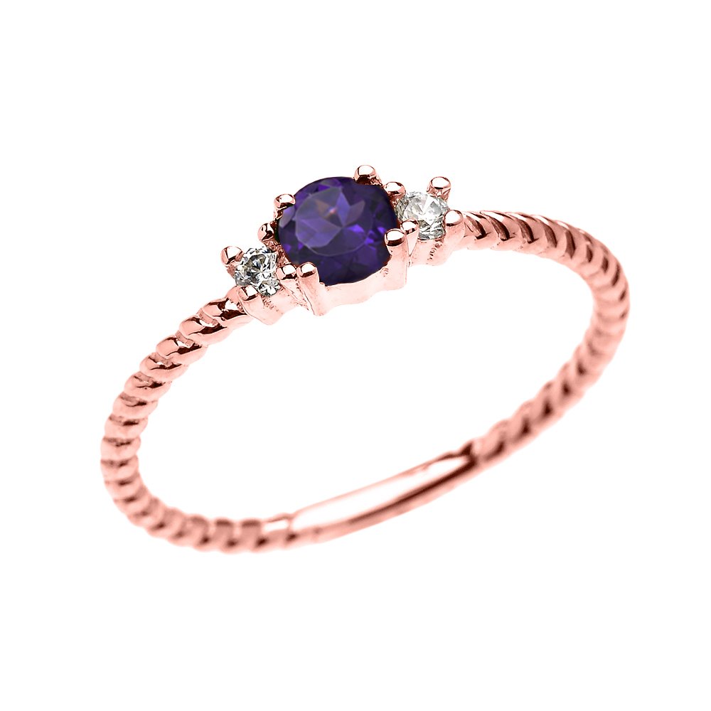 10K Rose Gold Dainty Solitaire Amethyst and White Topaz Rope Design Stackable Ring for Women - Elegant Proposal, Engagement, Wedding, Anniversary Jewelry Gift - Perfect for Everyday Wear & Special Occasions