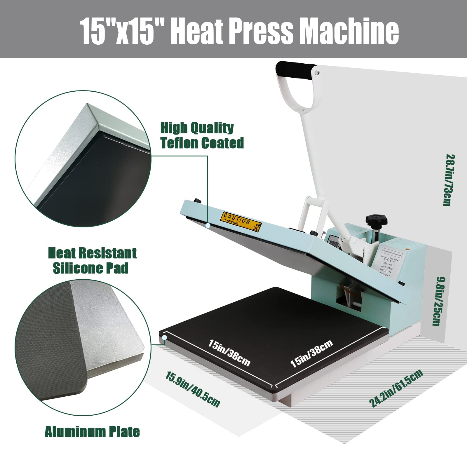 BetterSub 15x15 Inch Digital Heat Press Machine - Industrial Quality Clamshell Sublimation T-Shirt Printer for DIY Custom Apparel & Merchandise (Teal) | Perfect for T-Shirt Printing, Mugs, Hats & Home Business