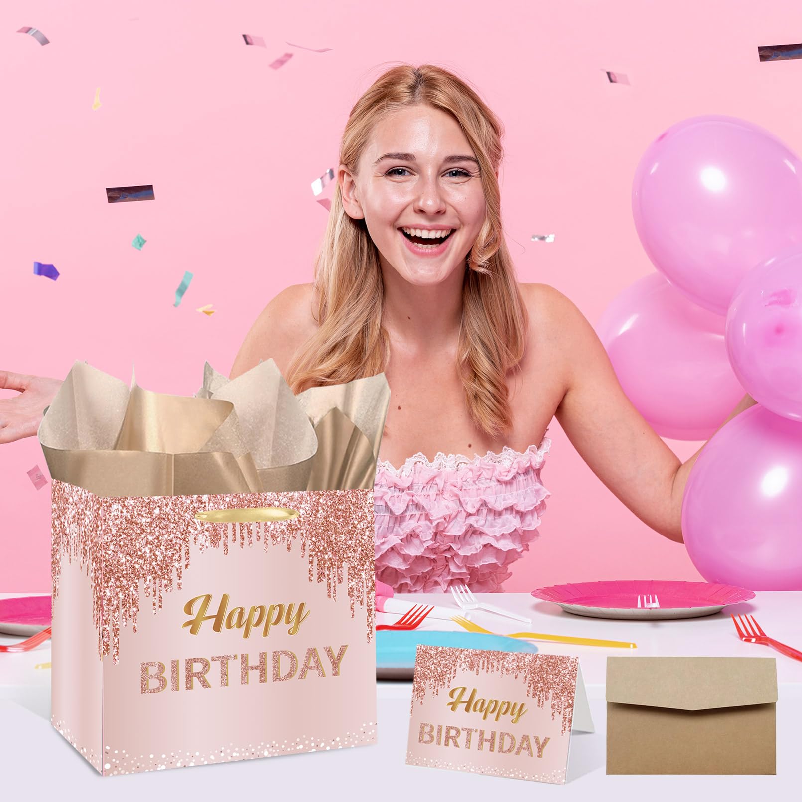 GOLDCROW 7 Inch Rose Gold Birthday Gift Bags with Tissue Paper & Card - Small Square Pink Party Favor Bags for Birthday Presents, Baby Showers, Bridal Showers & Special Occasions