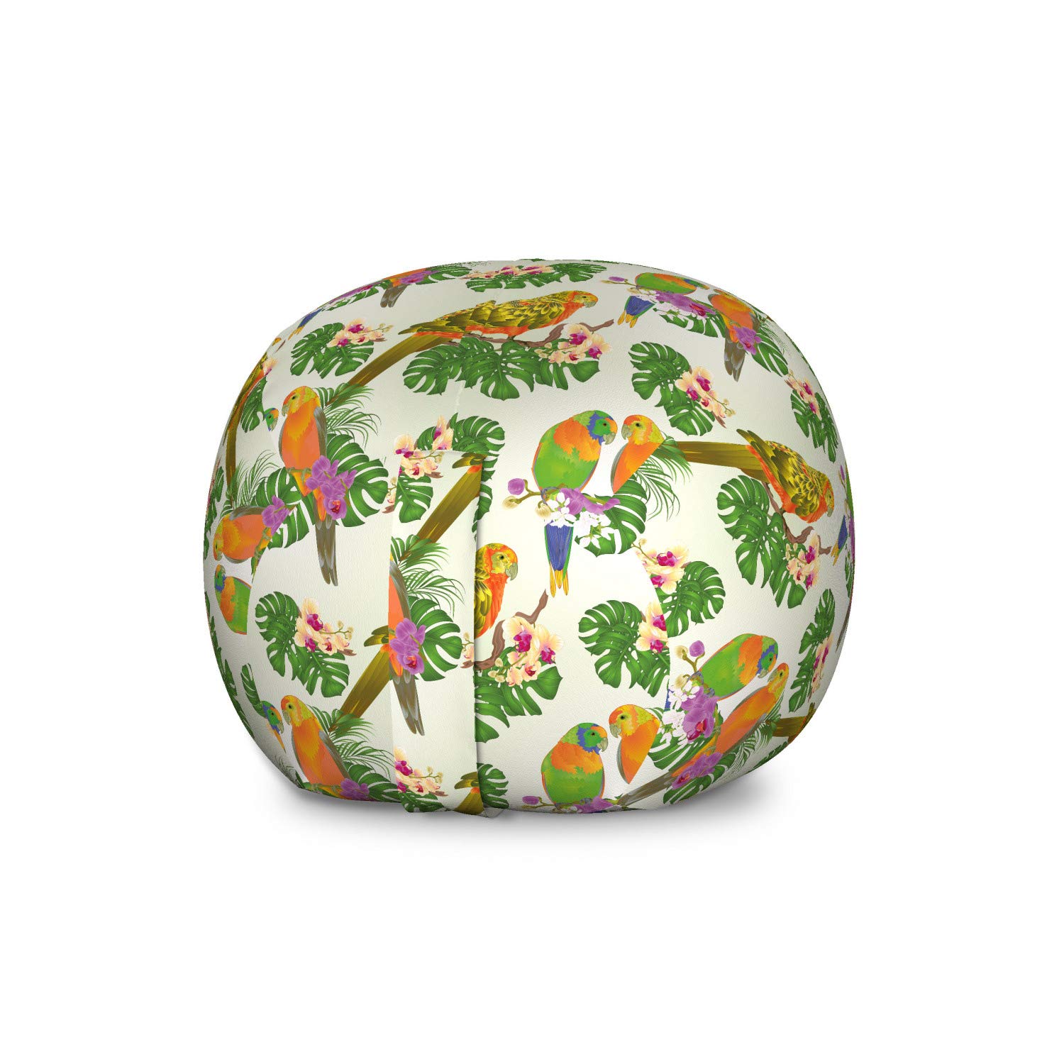 Ambesonne Large Washable Toy Storage Bag Chair - Exotic Parrot & Floral Design with Orchids, Stuffed Animal Organizer for Kids' Room, Nursery, or Playroom - Ivory & Multicolor
