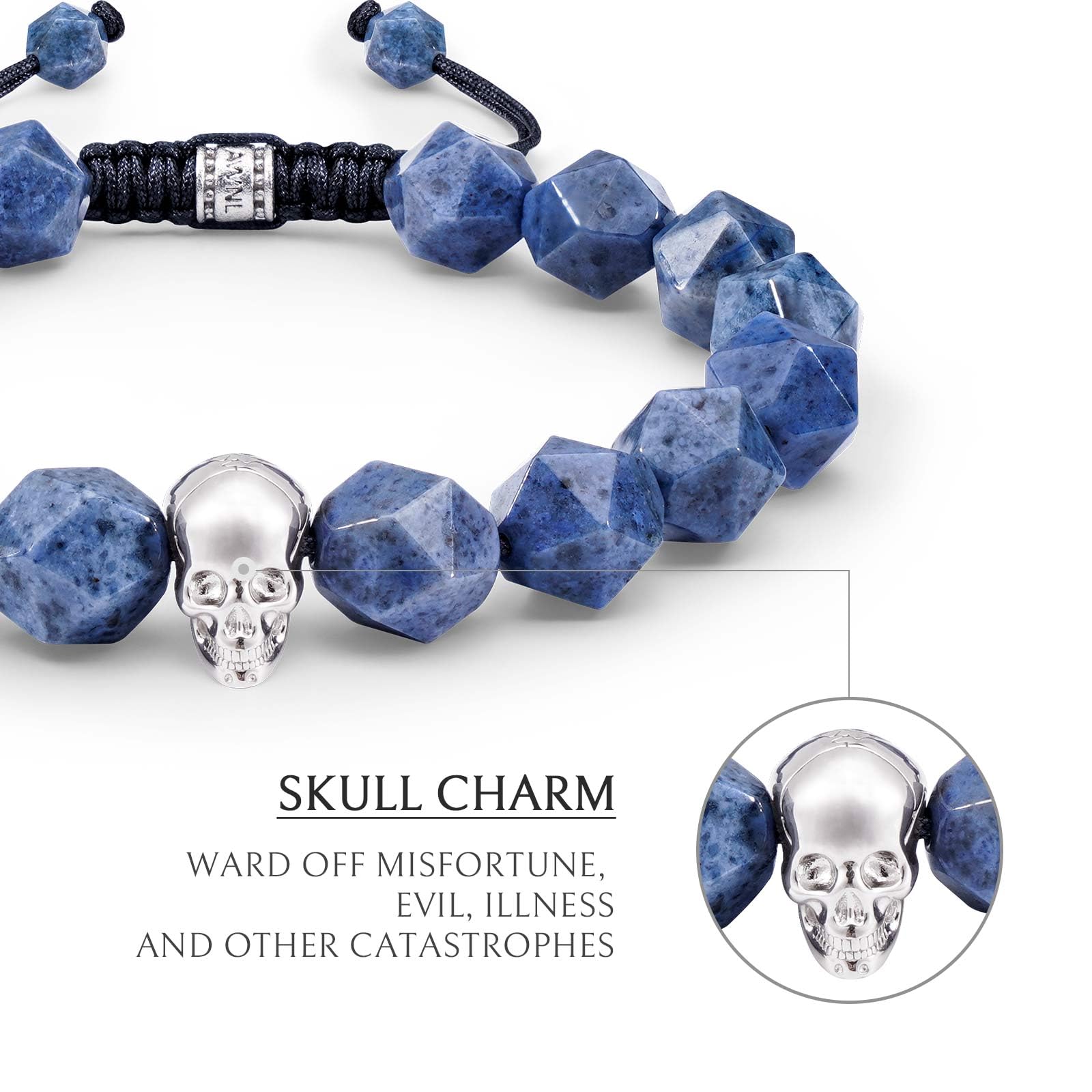 Men's Adjustable Braided Beaded Bracelet with Sterling Silver Skull Charm - 10mm Natural Dumortierite & Dragon Blood Jasper Gemstone - Spiritual Healing Jewelry Gift for Boyfriend, Husband - Perfect for Meditation, Yoga & Everyday Wear (6.1''-7.9'')