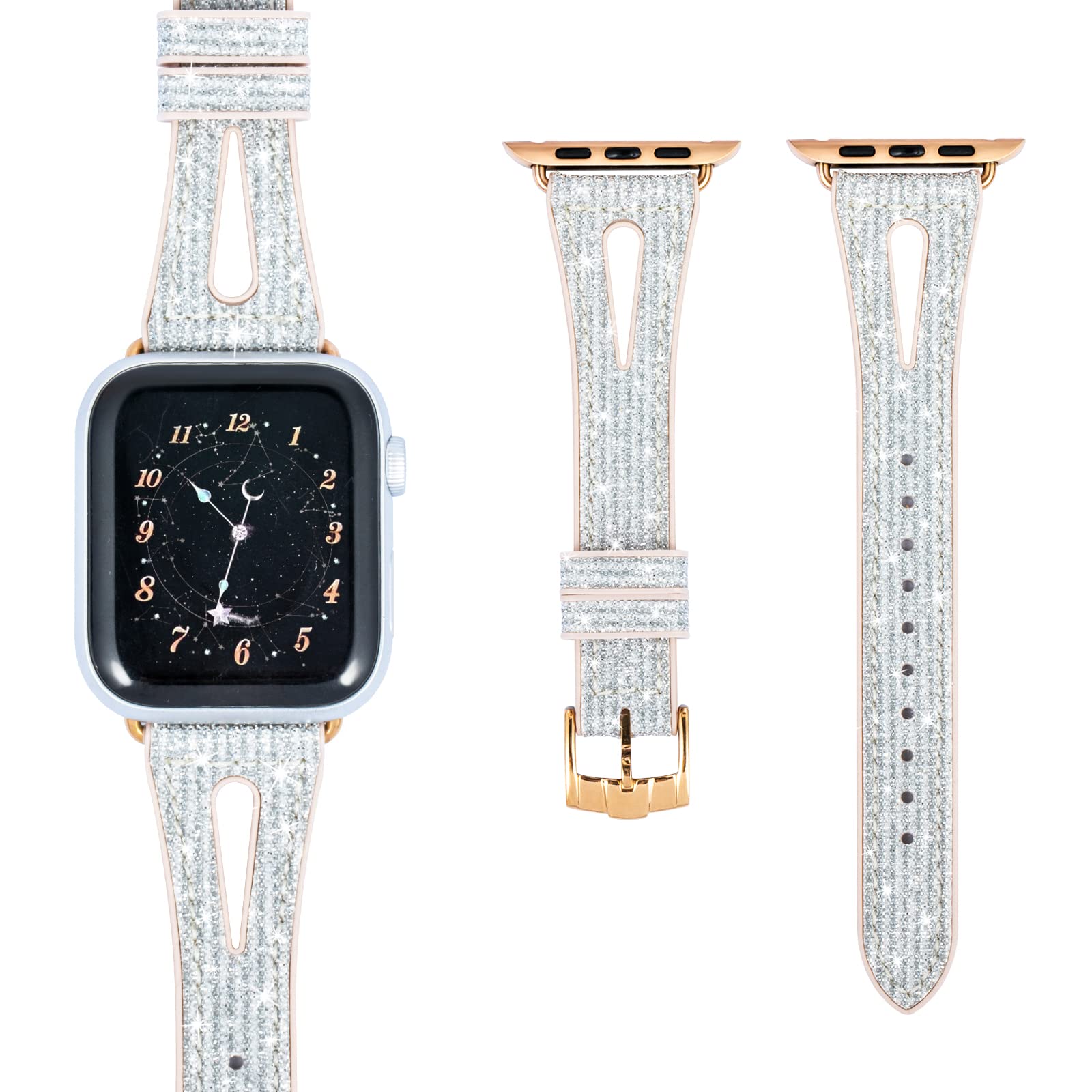 Sparkly Glitter Apple Watch Band - Slim Silicone Strap Compatible with iWatch Series 8/7/6/5/4/3/2/1 SE & SE2 (38mm/40mm/41mm/42mm/44mm/45mm) | Cute Fashion Accessory for Women & Girls | Perfect for Workouts, Parties & Everyday Wear