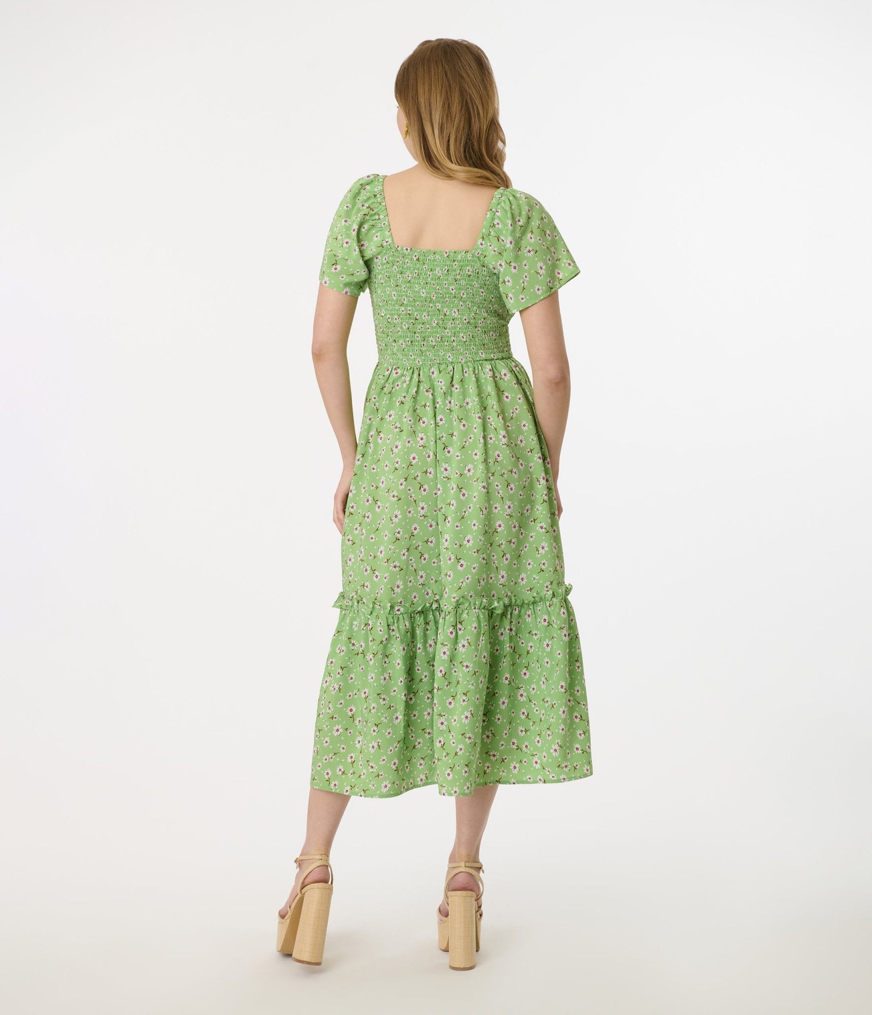 Vintage Green & White Ditsy Floral Smocked Bodice Midi Dress - Retro Tea Dress for Garden Parties, Bridal Showers & Summer Weddings