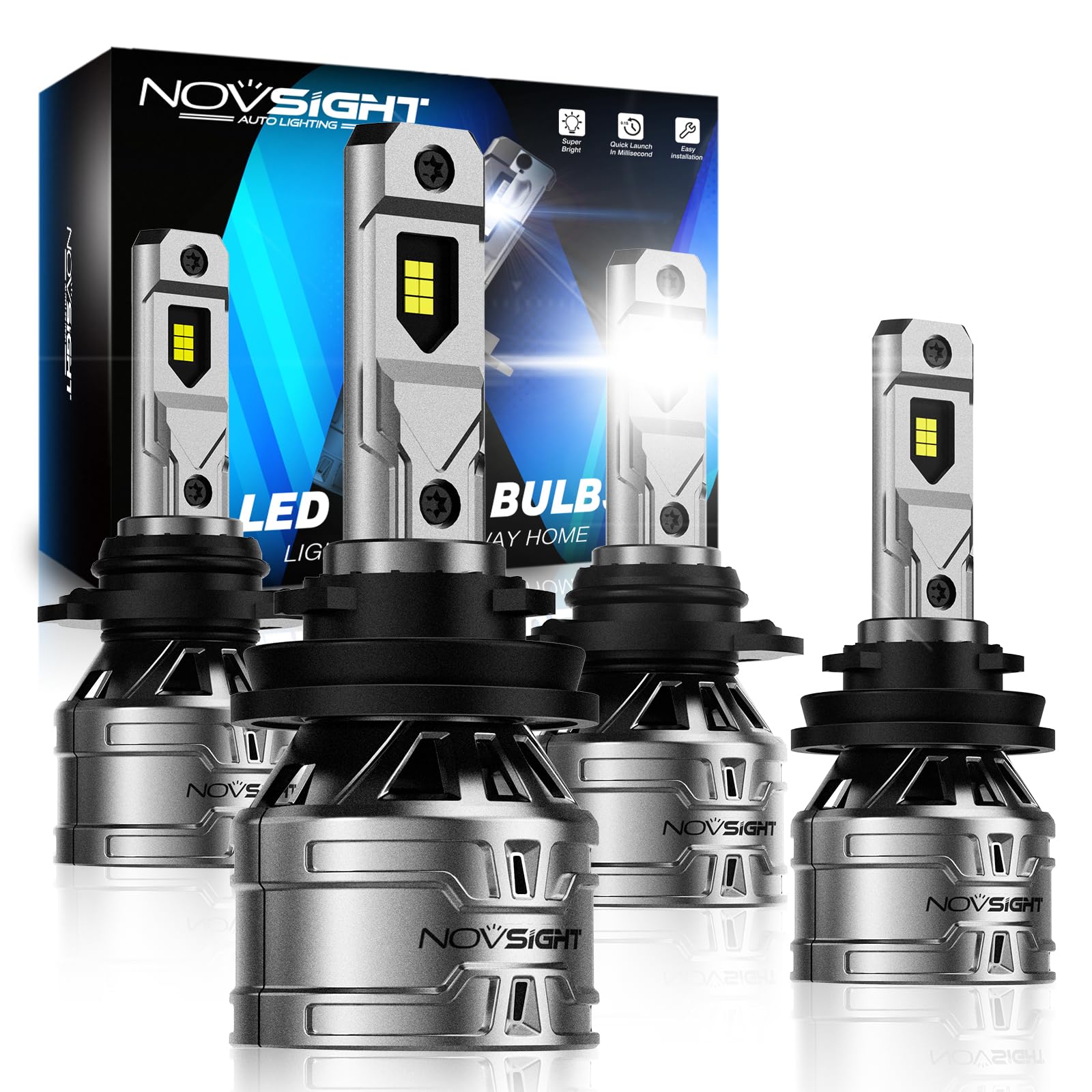 NOVSIGHT H11 9005 LED Bulbs Combo - 26000LM 120W Super Bright, 6500K White - Halogen Replacement for 9005/HB3 H11/H9/H8 - Plug and Play with Cooling Fan - Pack of 4 - Perfect for Cars, Trucks, SUVs, and Off-Road Vehicles