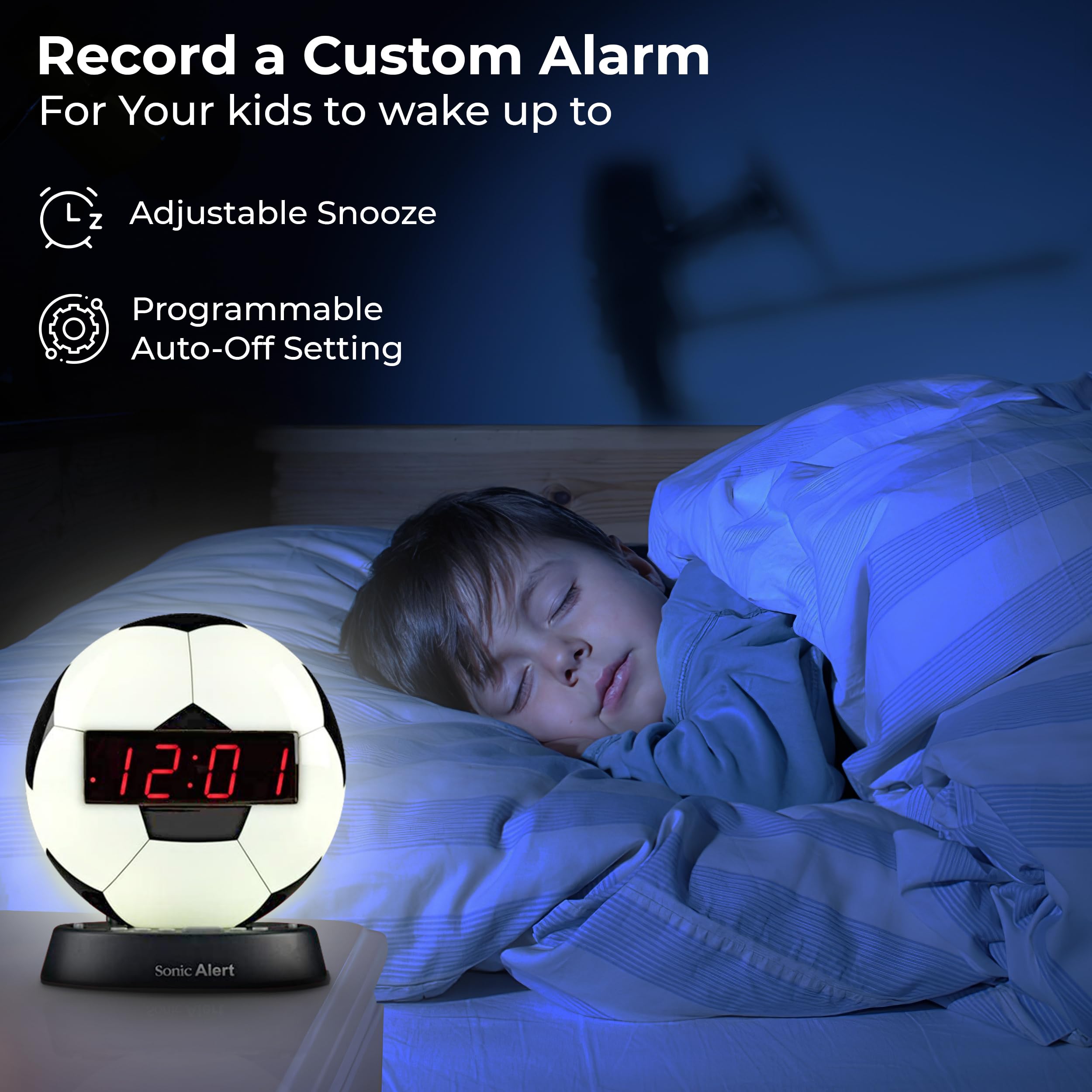 Sonic Alert Glow Night Light Soccer Ball Alarm Clock - Loud & Compact Digital Alarm Clock for Bedroom with Battery Backup & Dimmer - Easy to Set Alarm Clock for Kids & Adults - Perfect for Nightstands, Dorms, Travel & Gift Giving