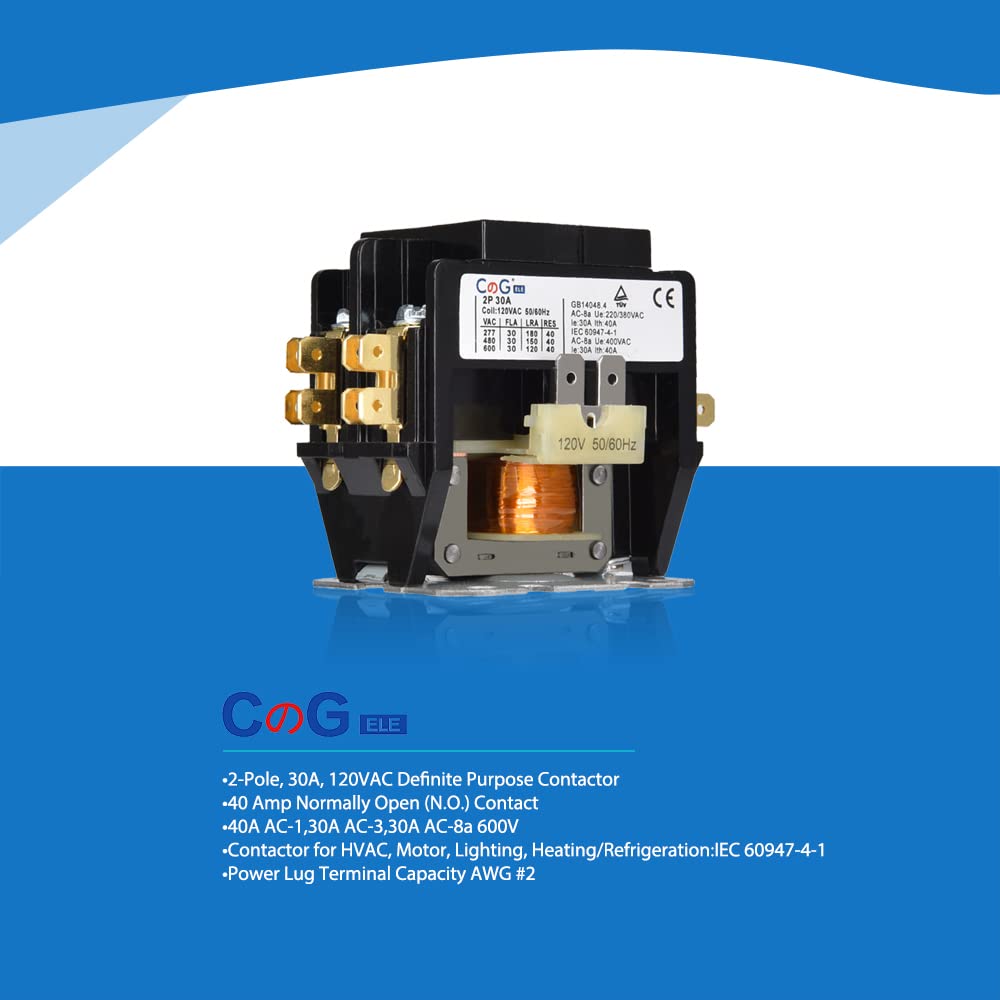 30 Amp 2 Pole Air Conditioner Contactor 120V Coil - HVAC Compressor Contactor for AC Condenser Units | Ideal for Home & Commercial Cooling Systems