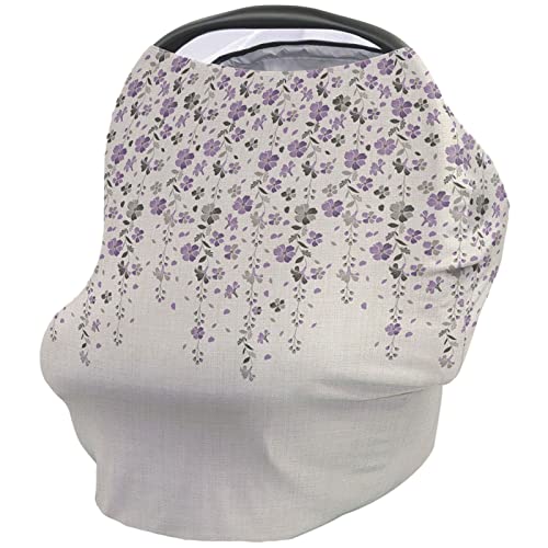 Baby Nursing Cover & Car Seat Canopy - 360° Full Privacy Breastfeeding Cover, Shopping Cart Cover in Purple Grey Floral Cotton Linen - Perfect Baby Shower Gift for Boys & Girls (Ideal for Nursing, Shopping & Travel)