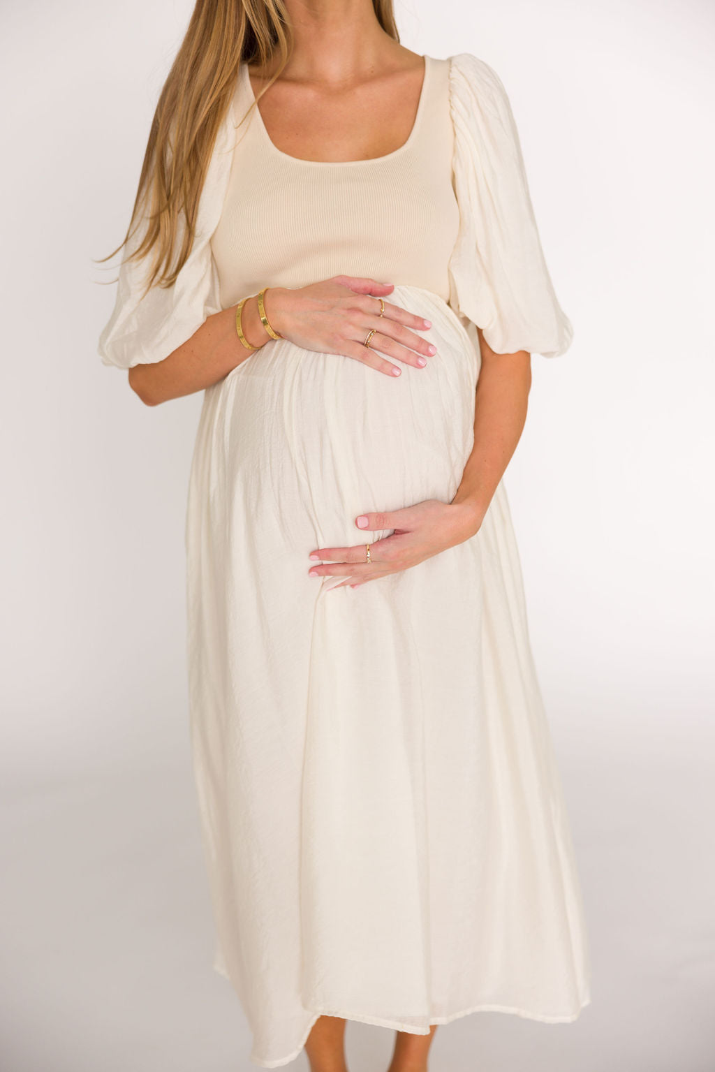 Raina Women's Maternity Midi Dress with Puff Sleeves - Bump Friendly Flowy Dress in Natural for Pregnancy, Nursing & Special Occasions