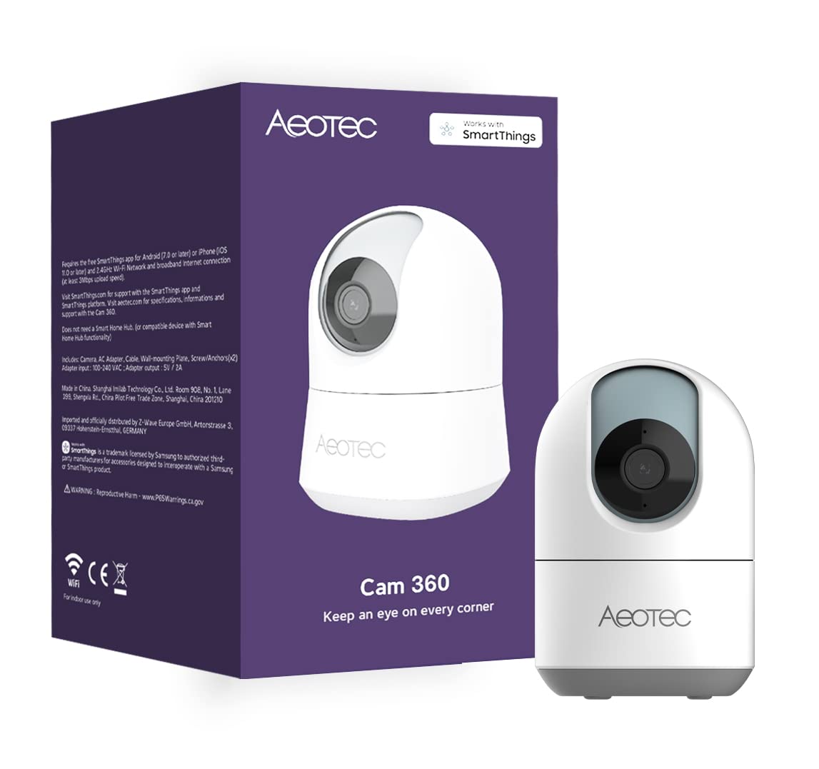 Aeotec SmartThings WiFi IP Security Camera - 1080p Full HD, Night Vision, 360° Panoramic View, Person Detection, Motion Tracking & 2-Way Audio - Ideal for Home, Office & Baby Monitoring