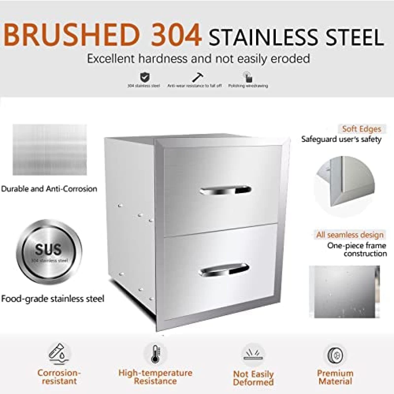 Stainless Steel Outdoor Kitchen Drawers - Flush Mount BBQ Island Drawers with Embedded Handle for Patio Grill Station (14