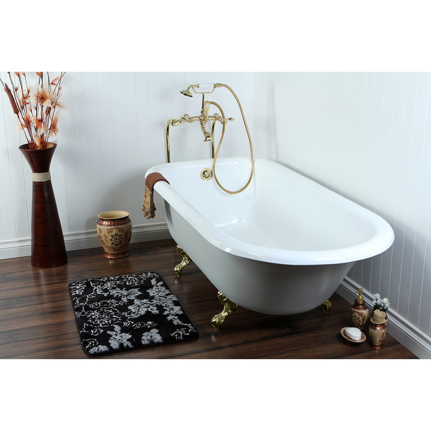Aqua Eden 67 Inch Clawfoot Bathtub - Cast Iron Oval Roll Top Tub with Polished Brass Feet, No Faucet Drillings, White Finish | Vintage Bathroom Decor, Luxury Soaking Tub for Spa-Like Experience