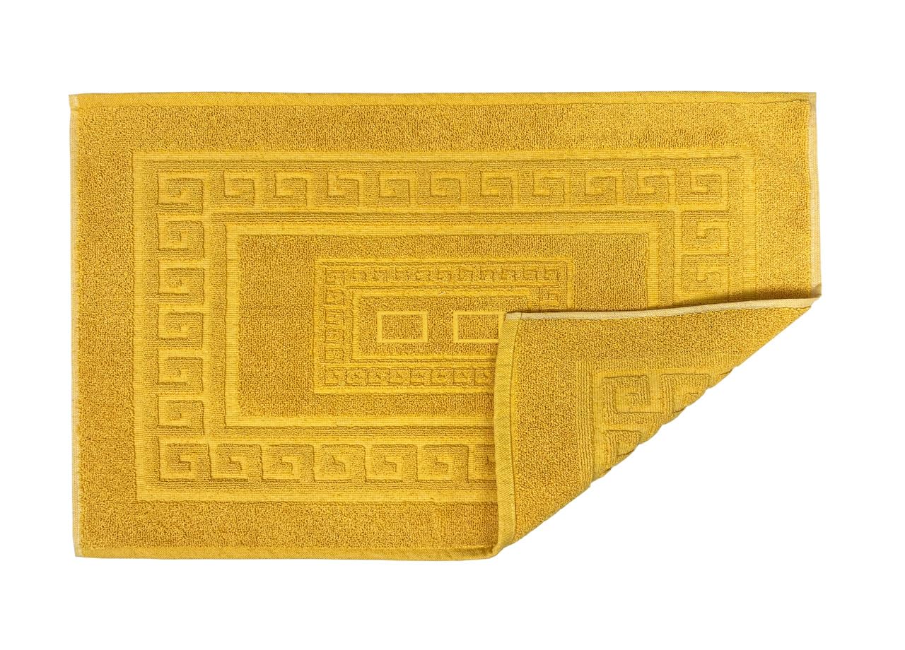 Premium Absorbent Cotton Bath Mat - Soft Short Pile Shower Rug with Greek Border, 45x60cm, Mustard Yellow - Non-Slip Bathroom Floor Mat for Shower, Tub & Vanity Area