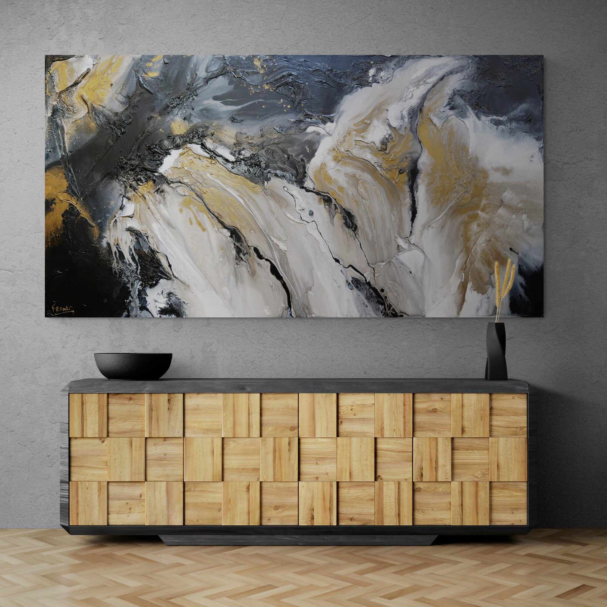 Black Gold Textured Abstract Canvas Painting 75