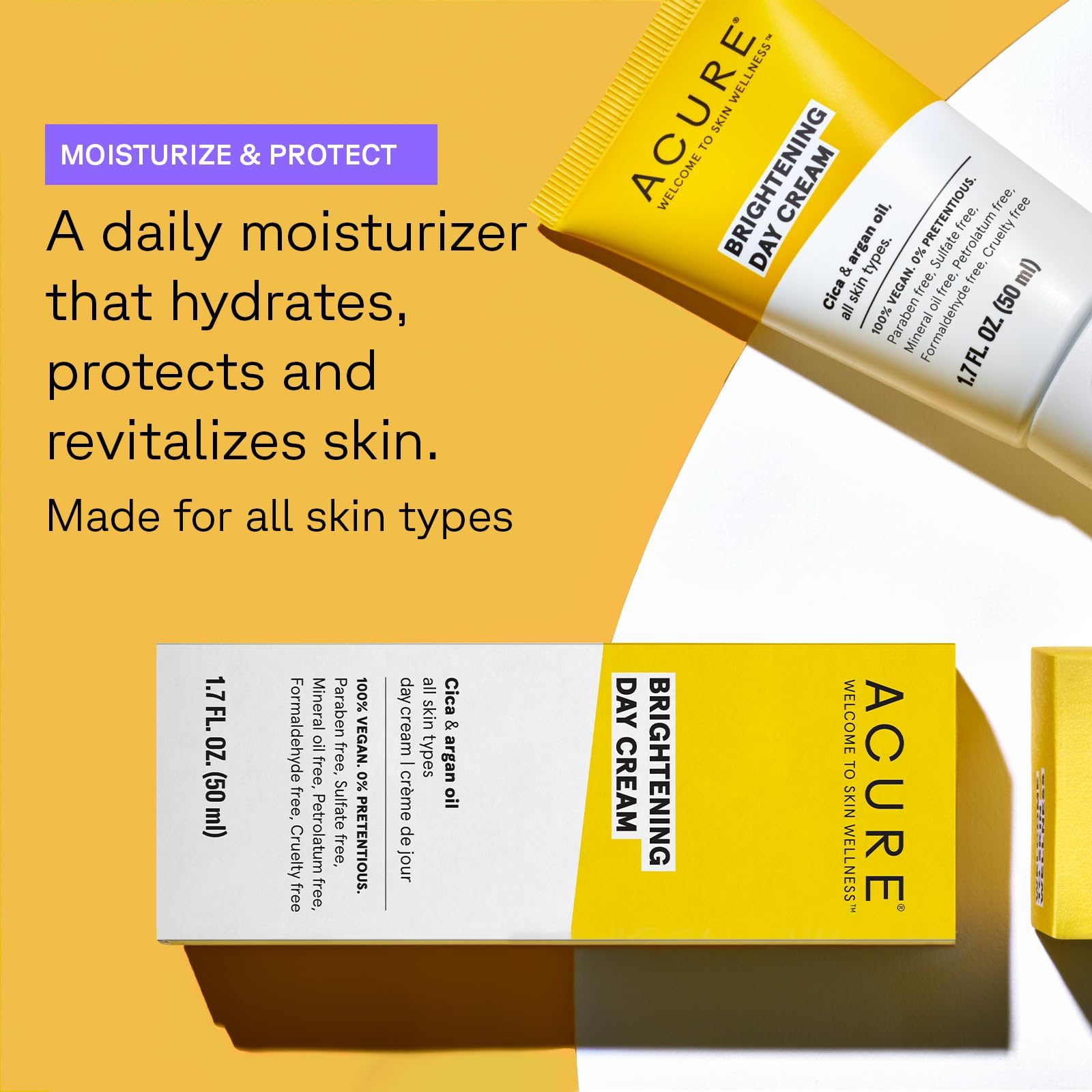 Acure Brightening Day Cream with Cica & Argan Oil - Vegan Moisturizer for Radiant Skin, Tone Even & Hydration - All Skin Types - 1.7 Fl Oz - Perfect for Daily Skincare Routine & Glowing Complexion
