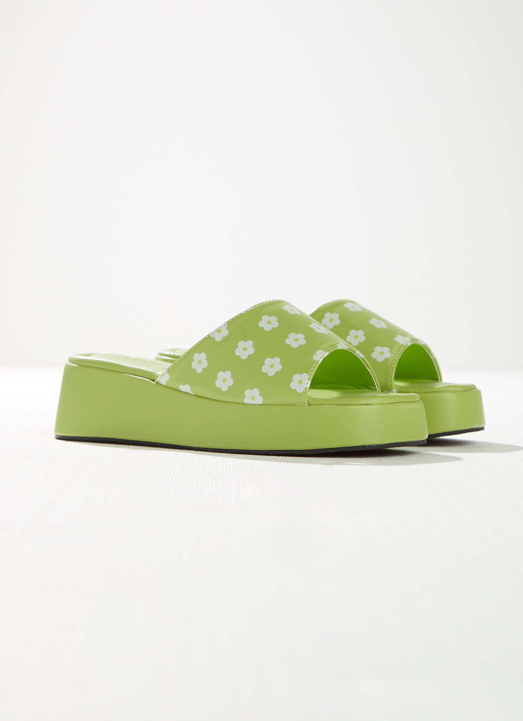 Lime Daisy Chain Mule Shoes - Women's Boho Slip-On Sandals with Floral Design for Summer Beach, Casual Outfits & Vacation Wear
