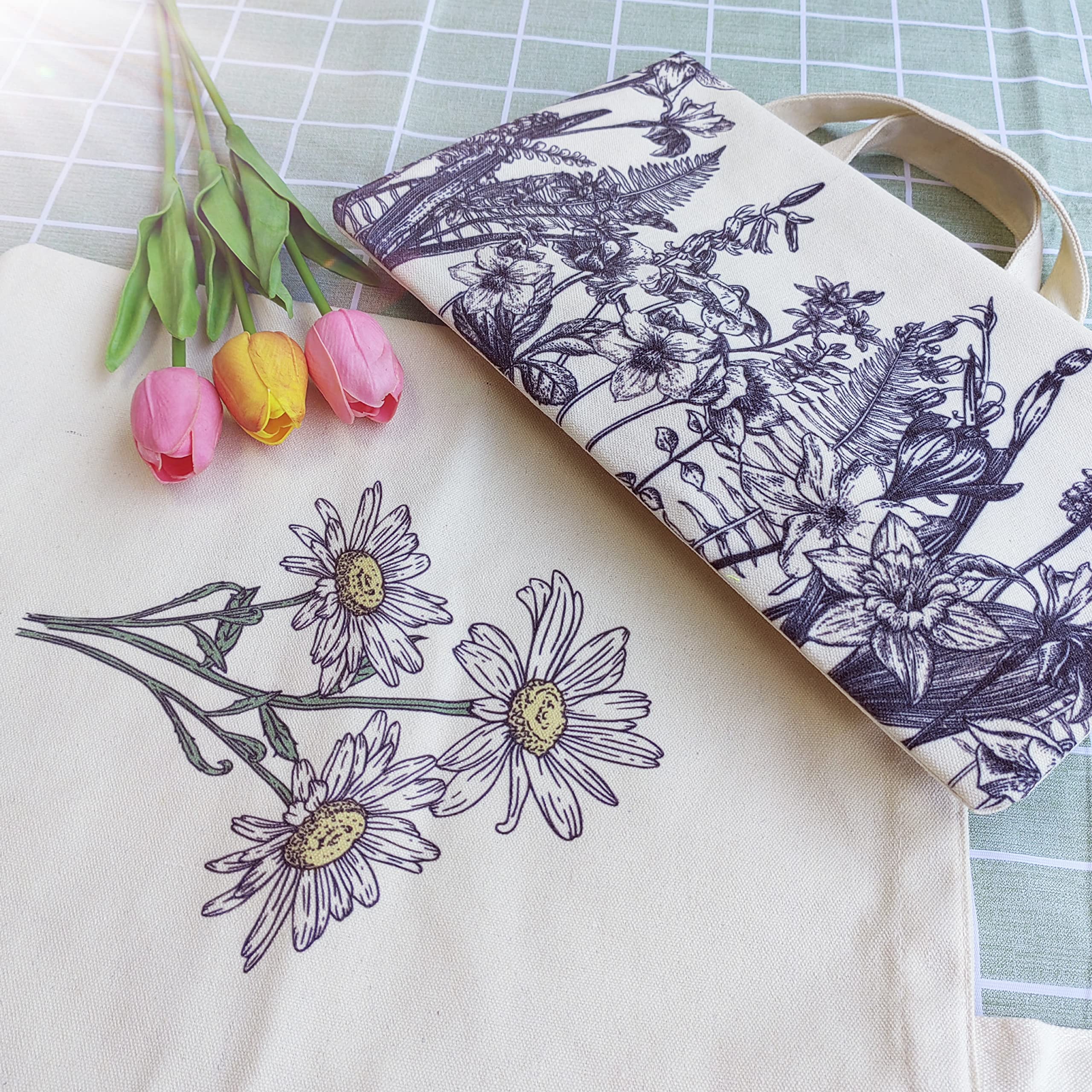 Stylish Floral Canvas Tote Bag for Women - Reusable Grocery Shopping Bag with Cute Cat Design - Perfect for Teachers, Beach Trips & Farmers Market