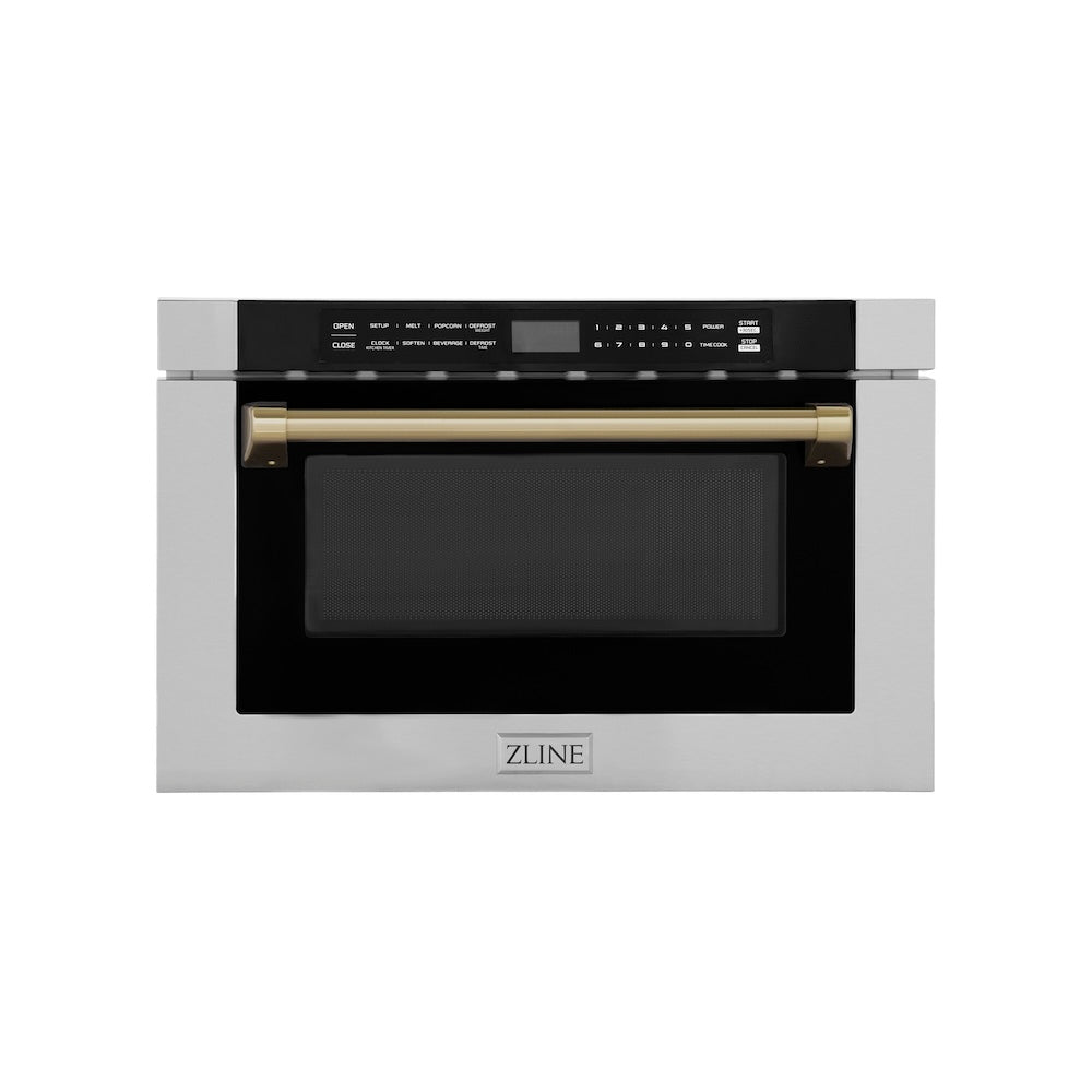 ZLINE Autograph Edition 24-Inch Built-In Microwave Drawer - 1.2 cu.ft Stainless Steel with Champagne Bronze Accents & Traditional Handle (MWDZ 1 H CB) - Perfect for Modern Kitchens & Luxury Home Appliances