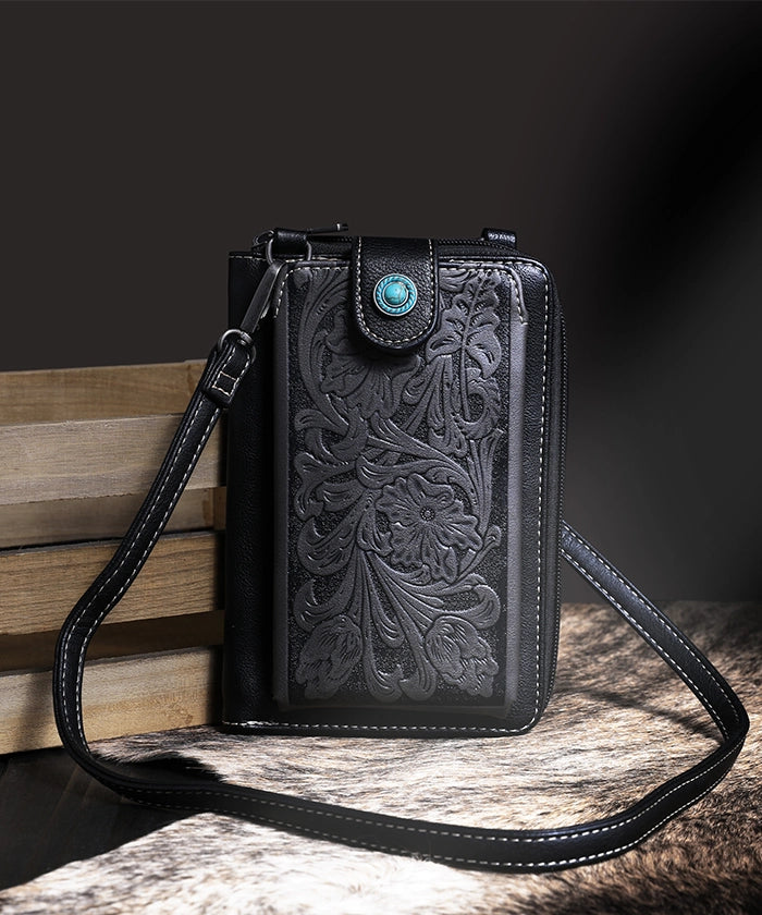 Montana West Genuine Leather Tooled Crossbody Phone Purse with Concho Detailing - Western Style Small Handbag for Women, Perfect for Concerts, Shopping & Travel