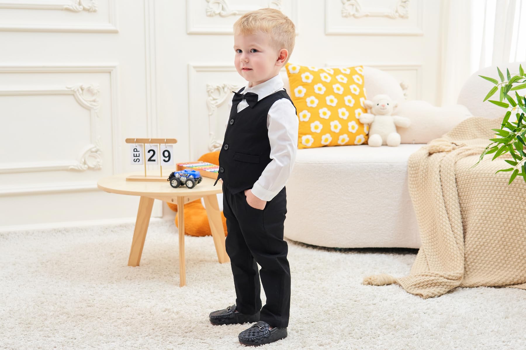 ARTMINE Boys Formal Suit Set - Dress Shirt, Bow Tie, Vest & Pants for Toddler Wedding & Special Occasions | Gentleman Style Outfit for Parties, Photos & Events