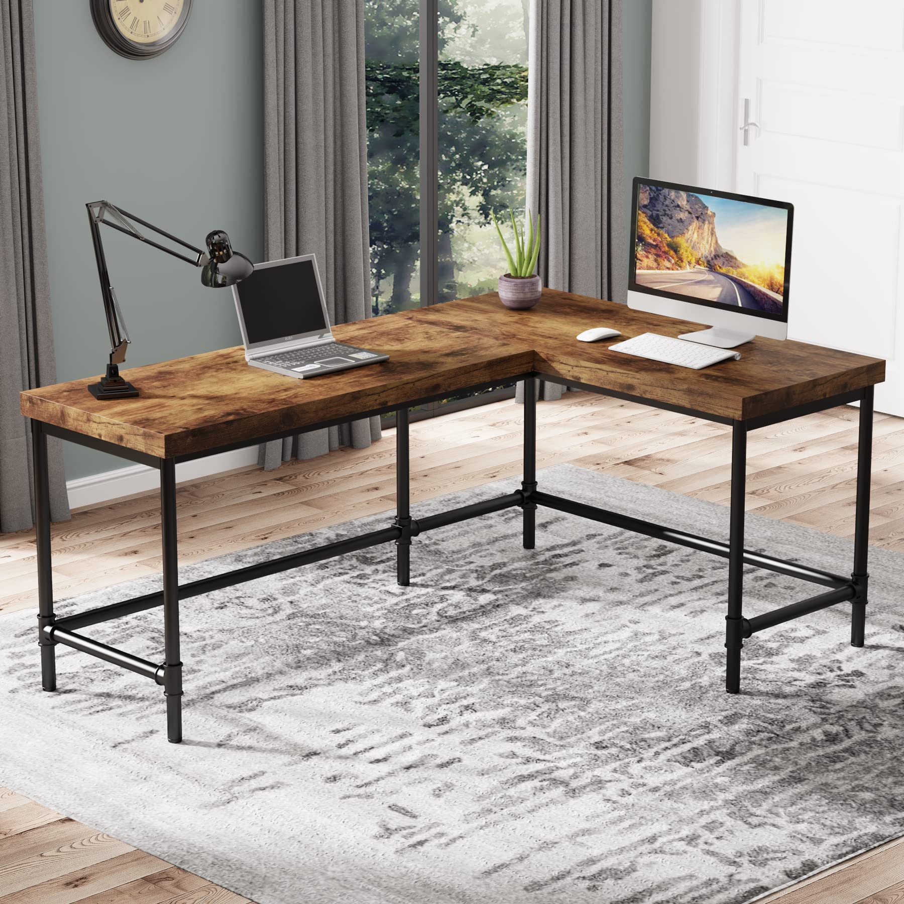 Tribesigns 67 Inch L-Shaped Computer Desk - Reversible Corner Office Desk with Metal Pipe Legs, Industrial Style Workstation for Home Office, Study & Gaming (Rustic Brown) | Perfect for Small Spaces & Multi-Monitor Setups