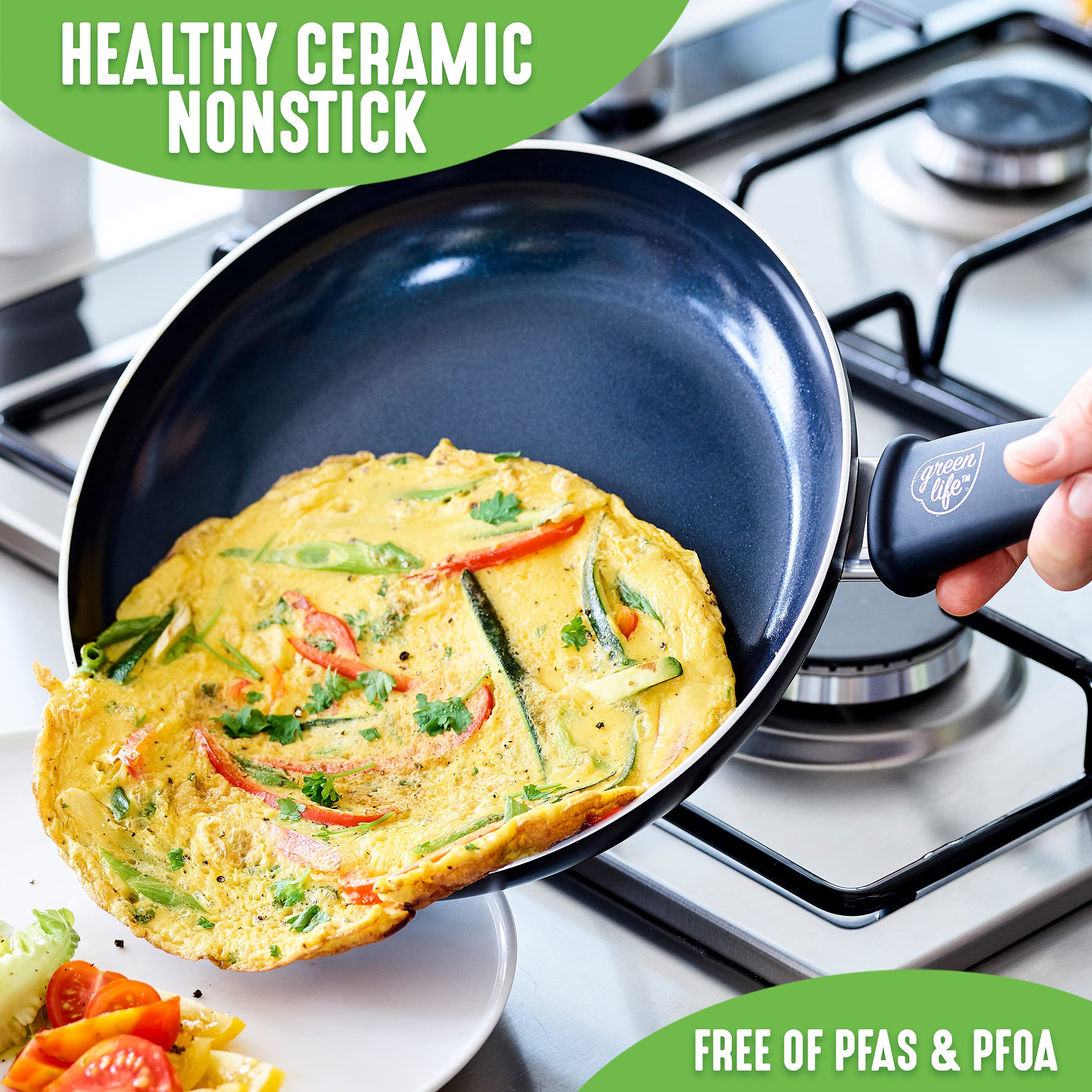 GreenLife Soft Grip Healthy Ceramic Nonstick 12-Piece Cookware Set - PFAS-Free Pots, Pans & Kitchen Utensils with Lids, Dishwasher Safe, Black | Perfect for Sauteing, Frying & Everyday Cooking