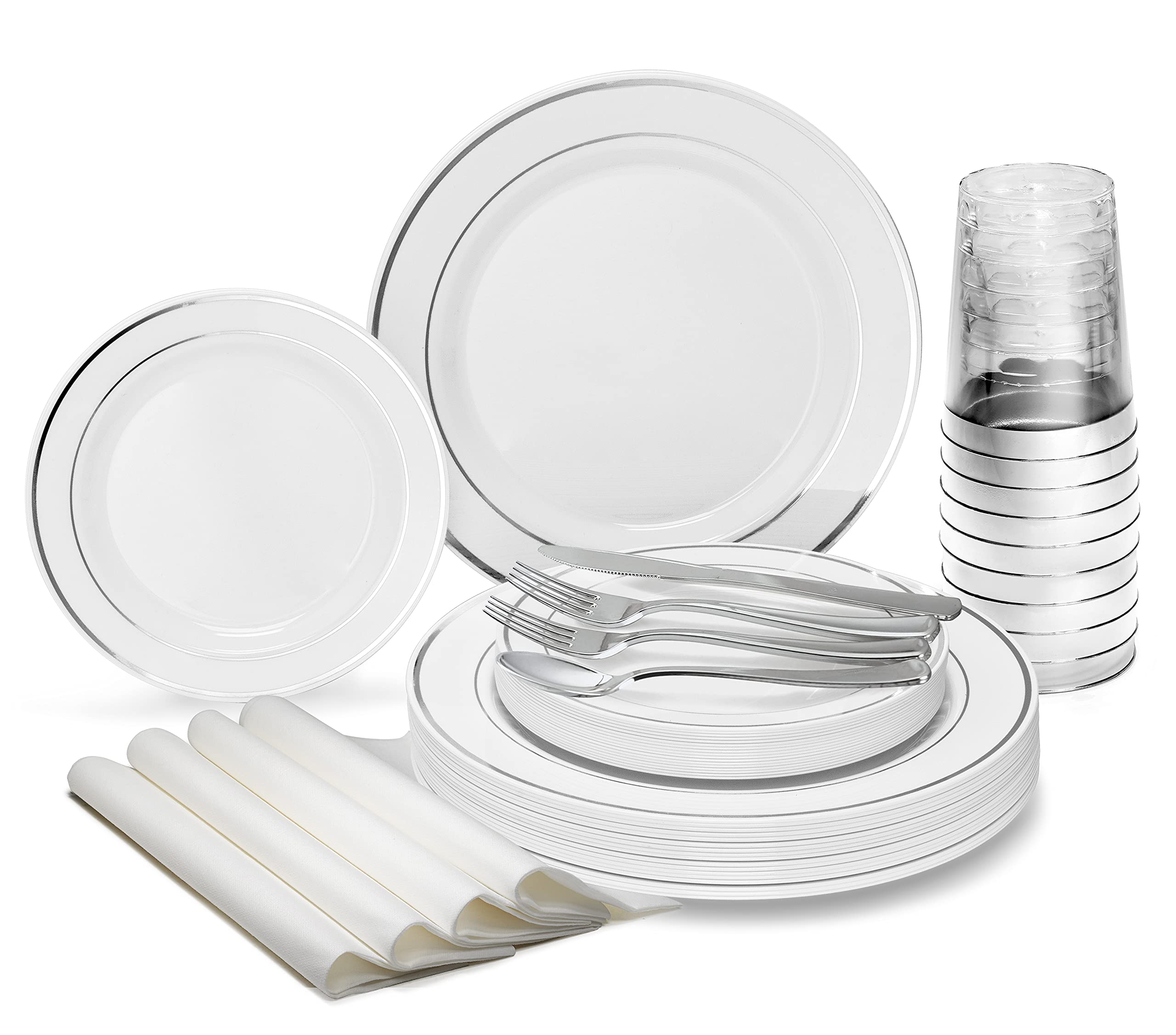 640-Piece Heavyweight Disposable Plastic Plate Set for Weddings & Parties - 80 x 10.5'' Dinner Plates + 80 x 7.5'' Dessert Plates + Silverware + Cups + Linen-Like Paper Napkins (White & Silver Rim) - Perfect for Large Gatherings, Bridal Showers & Catering Events