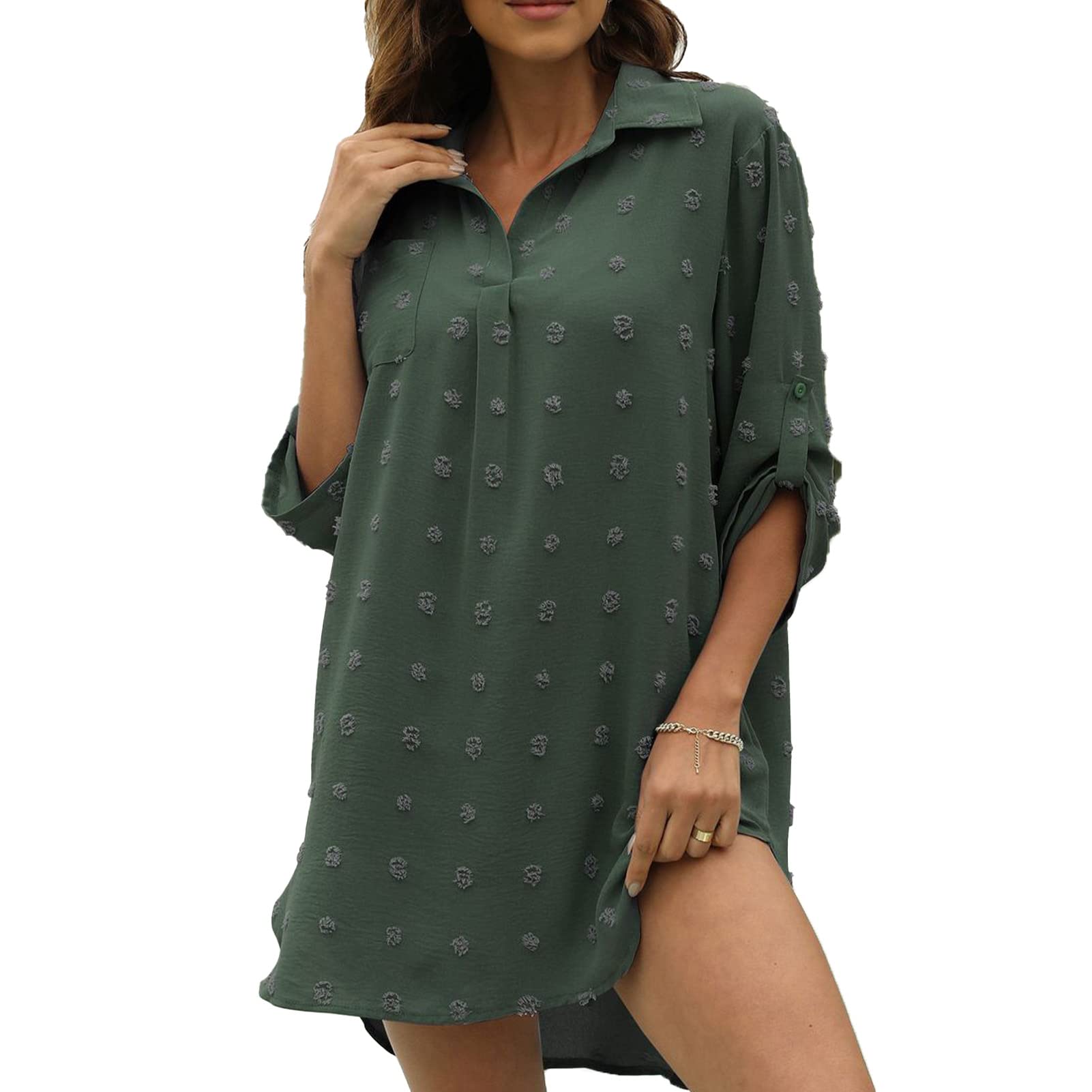 Women's Chiffon Blouse Dress - Short Sleeve V-Neck Mini Shirt with Polka Dot Print | Beach Cover Up, Bikini Swimwear | Casual Loose Fit (M, Olive Green) for Summer Vacation, Pool Party & Boho Outfits