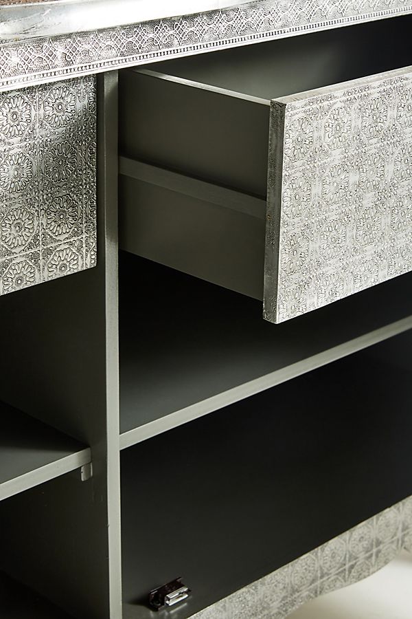 Hand Embossed Metal Buffet Table in White | Indian Handcrafted Sideboard with Floral Design | Perfect for Dining Room, Living Room & Wedding Decor