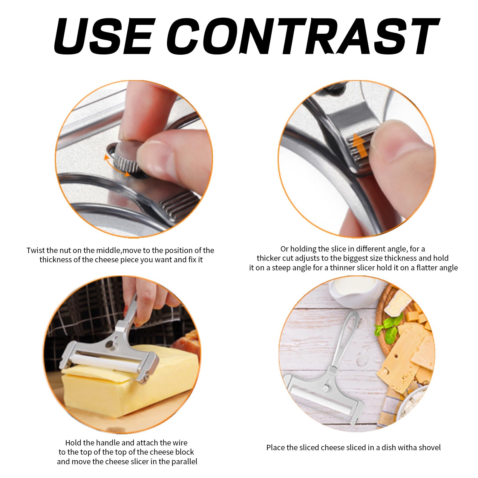 Stainless Steel Adjustable Wire Cheese Slicer - Handheld Cheese Cutter with 4 Extra Wires for Hard, Soft & Semi-Soft Cheeses - Perfect for Charcuterie Boards, Kitchen Prep & Gourmet Cooking