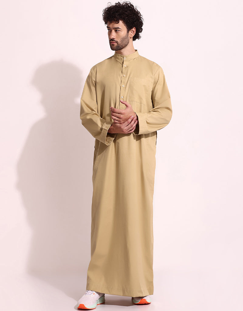 Premium Beige Thobes for Men - Soft Mulberry Cotton Digital Printed Islamic Robe - Perfect for Prayer, Work & Special Occasions