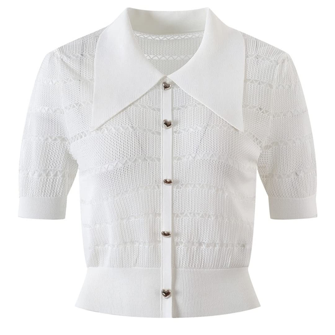 Women's Short Sleeve Knit Cardigan with Heart Buttons - Casual White & Green Knitted Sweater Top for Spring & Summer | Perfect for Office, Dating & Weekend Outfits
